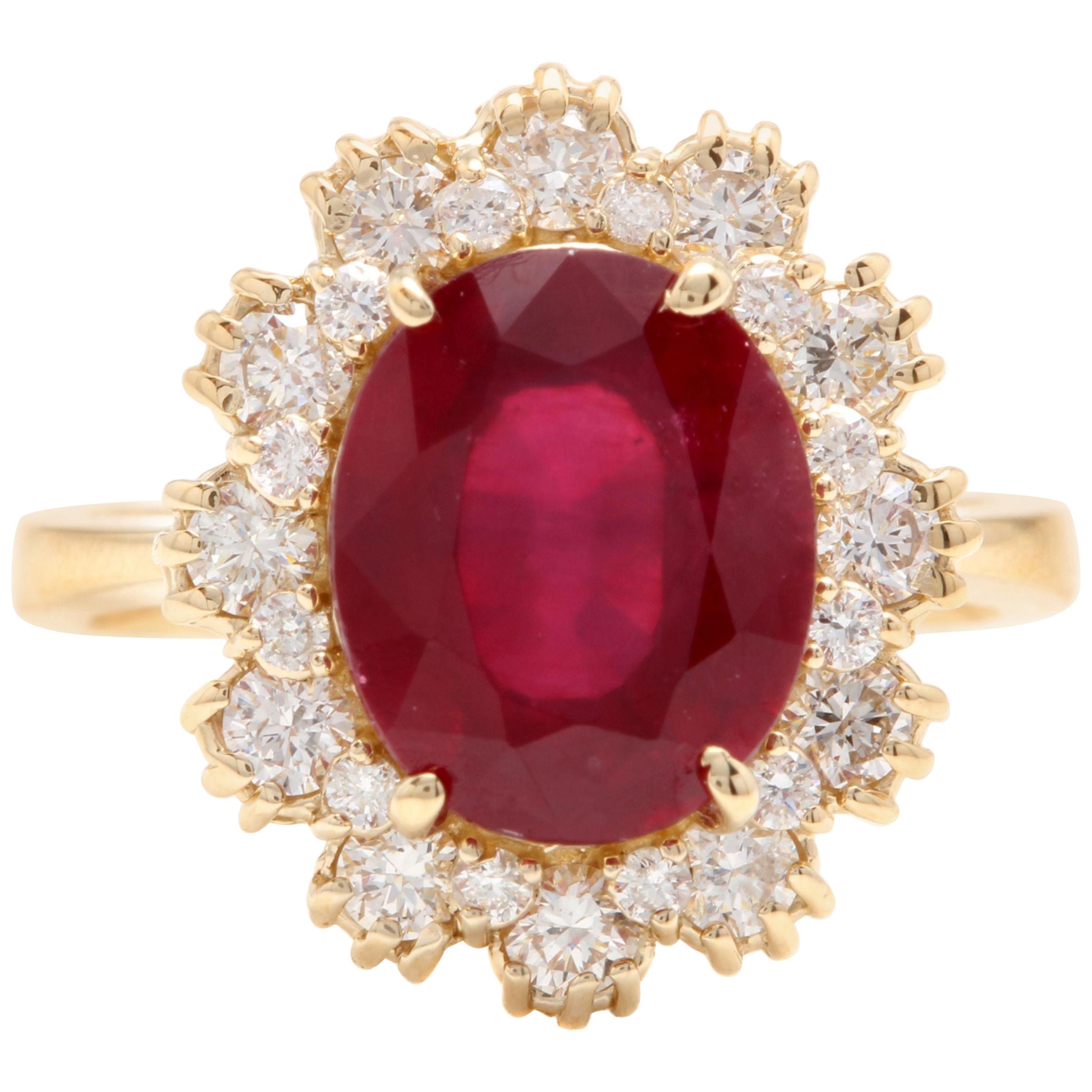 7.20 Carat Impressive Natural Red Ruby and Diamond 18 Karat Yellow Gold Ring For Sale