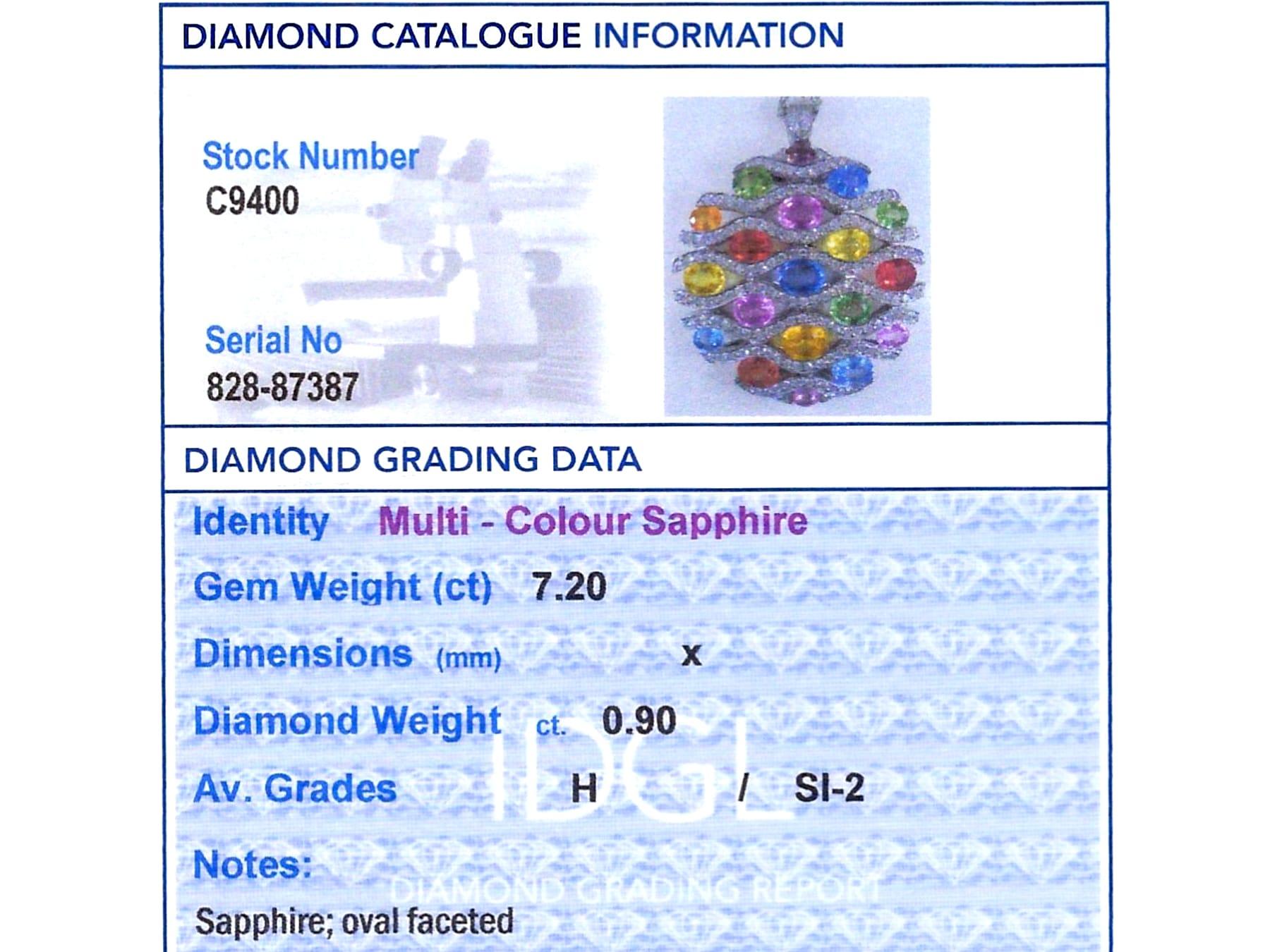 7.20 Carat Multi-Colored Sapphire and 0.90 Carat Diamond 18k White Gold Pendant For Sale 8