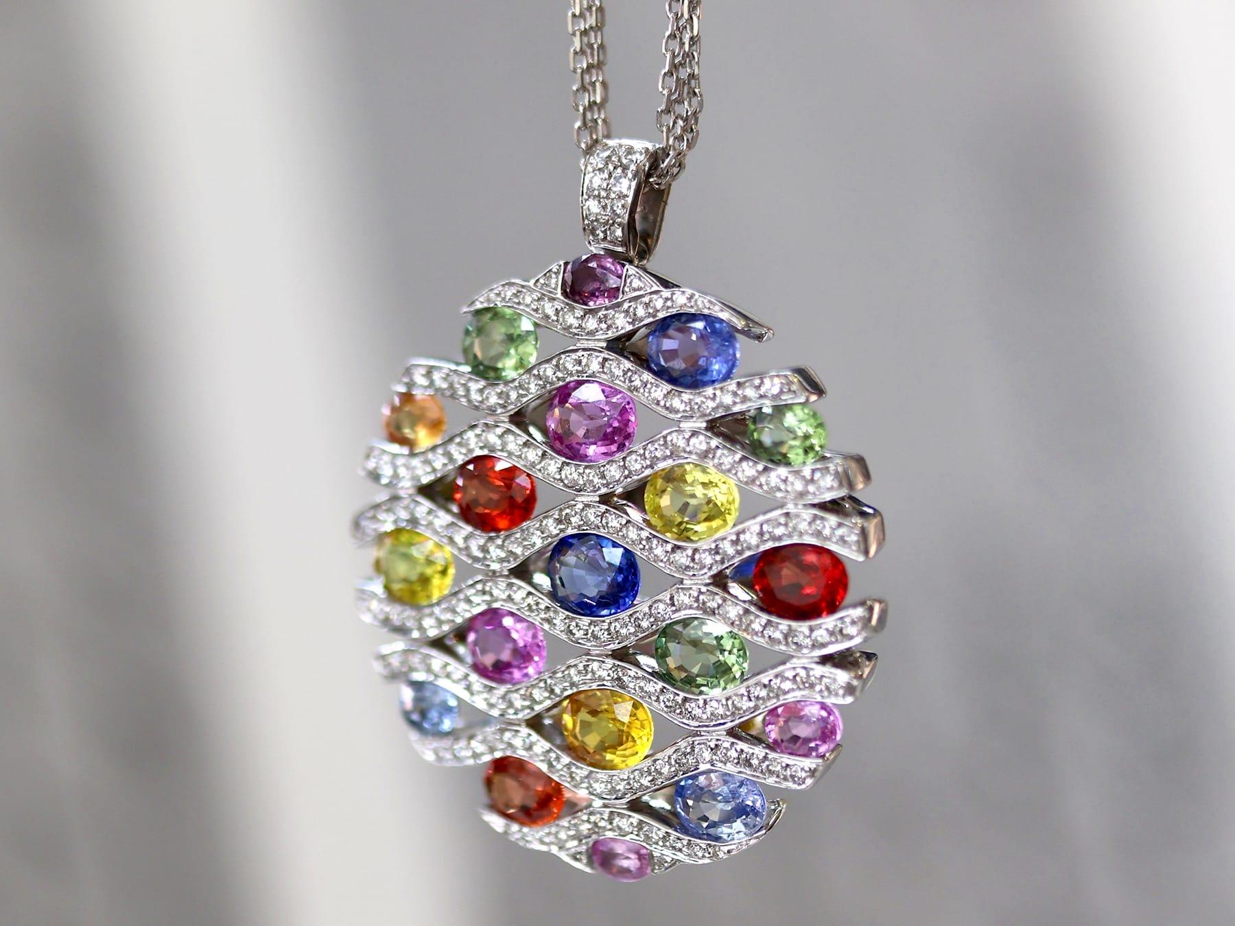 Oval Cut 7.20 Carat Multi-Colored Sapphire and 0.90 Carat Diamond 18k White Gold Pendant For Sale