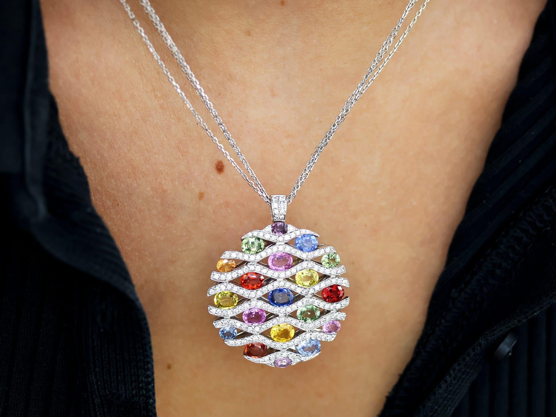Women's or Men's 7.20 Carat Multi-Colored Sapphire and 0.90 Carat Diamond 18k White Gold Pendant For Sale