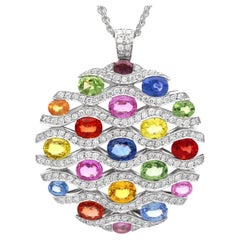 7.20 Carat Multi-Colored Sapphire and 0.90 Carat Diamond 18k White Gold Pendant