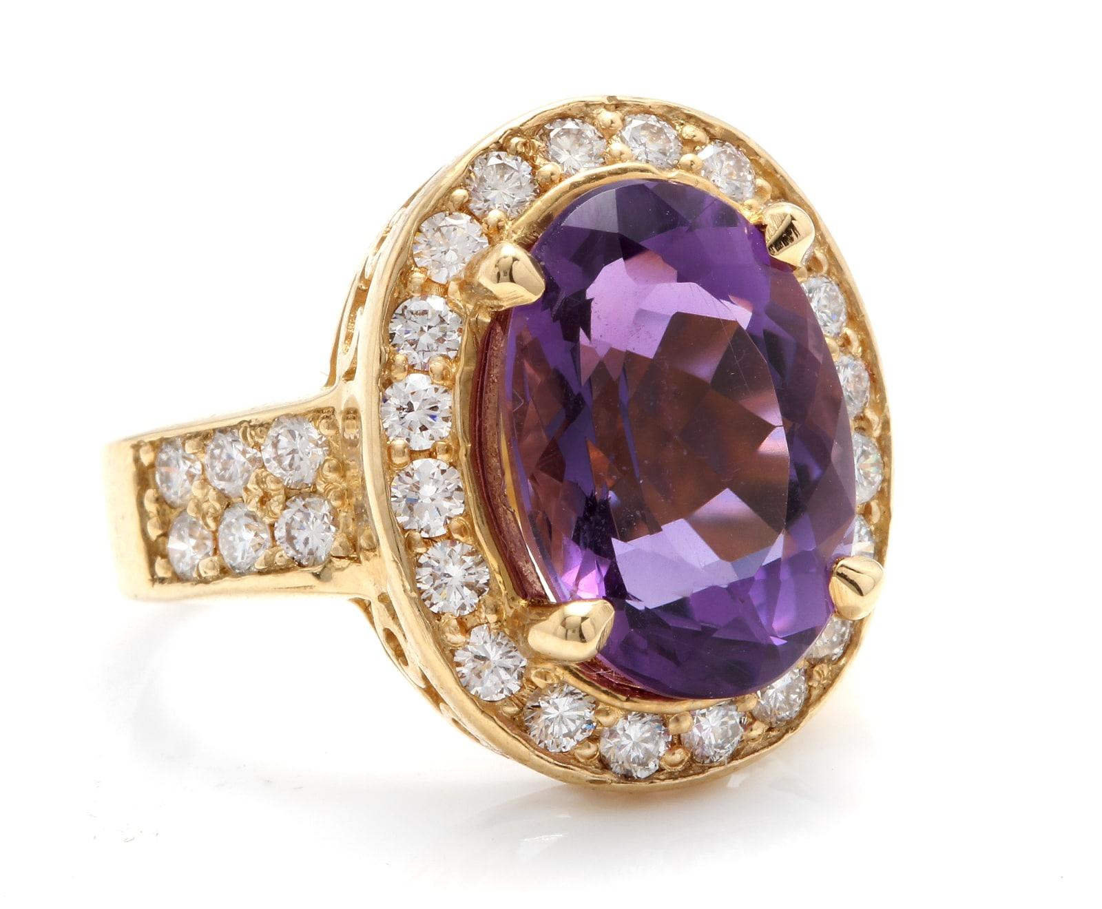 7.20 Carats Natural Impressive Amethyst and Diamond 14K Yellow Gold Ring

Total Natural Amethyst Topaz Weight: Approx. 6.00 Carats

Amethyst Measures: Approx. 14 x 10mm

Head of the ring measures: 18.00 x 15.00mm

Natural Round Diamonds Weight: