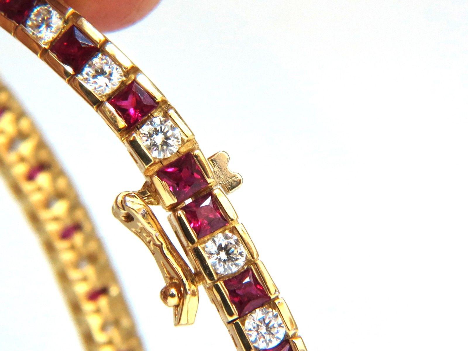 Ruby & Classic Alternating Tennis.

Channel Prime

4.50ct. Natural ruby bracelet.

Rounds, full cuts 

Clean clarity

Transparent & Vivid Reds.

2.70ct Natural Diamonds

Rounds & full cuts

Vs-s clarity G-color

14kt. yellow gold 

14.8 Grams.

7