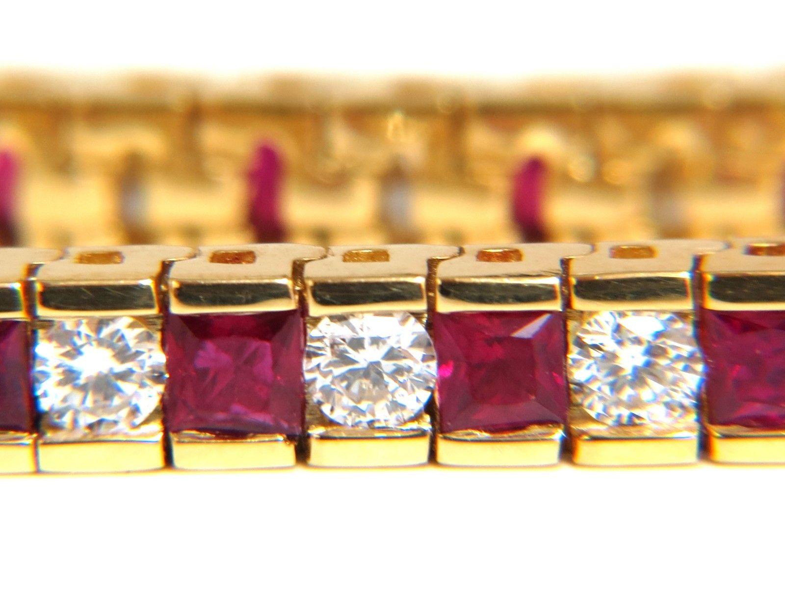 Women's or Men's 7.20 Carat Natural Ruby Diamonds Alternating Channel Line Bracelet 14 Karat For Sale