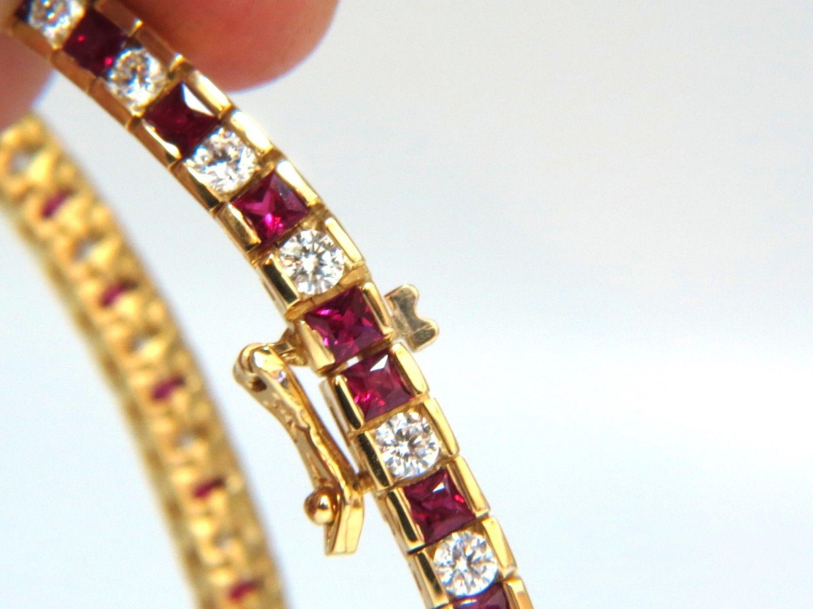 7.20 Carat Natural Ruby Diamonds Alternating Channel Line Bracelet 14 Karat For Sale 4