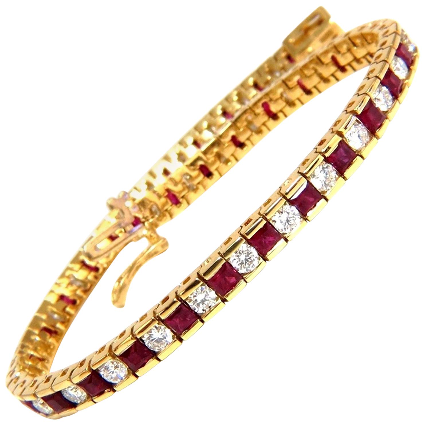 7.20 Carat Natural Ruby Diamonds Alternating Channel Line Bracelet 14 Karat