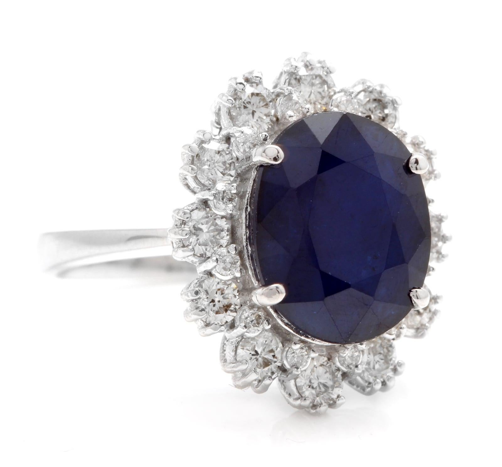 7.20 Carats Natural Sapphire and Diamond 18K Solid White Gold Ring

Total Natural Oval Cut Sapphire Weights: Approx. 6.00 Carats

Sapphire Measures: Approx. 12.00 x 10.00mm

Sapphire Treatment: Diffusion

Natural Round Diamonds Weight: Approx. 1.20