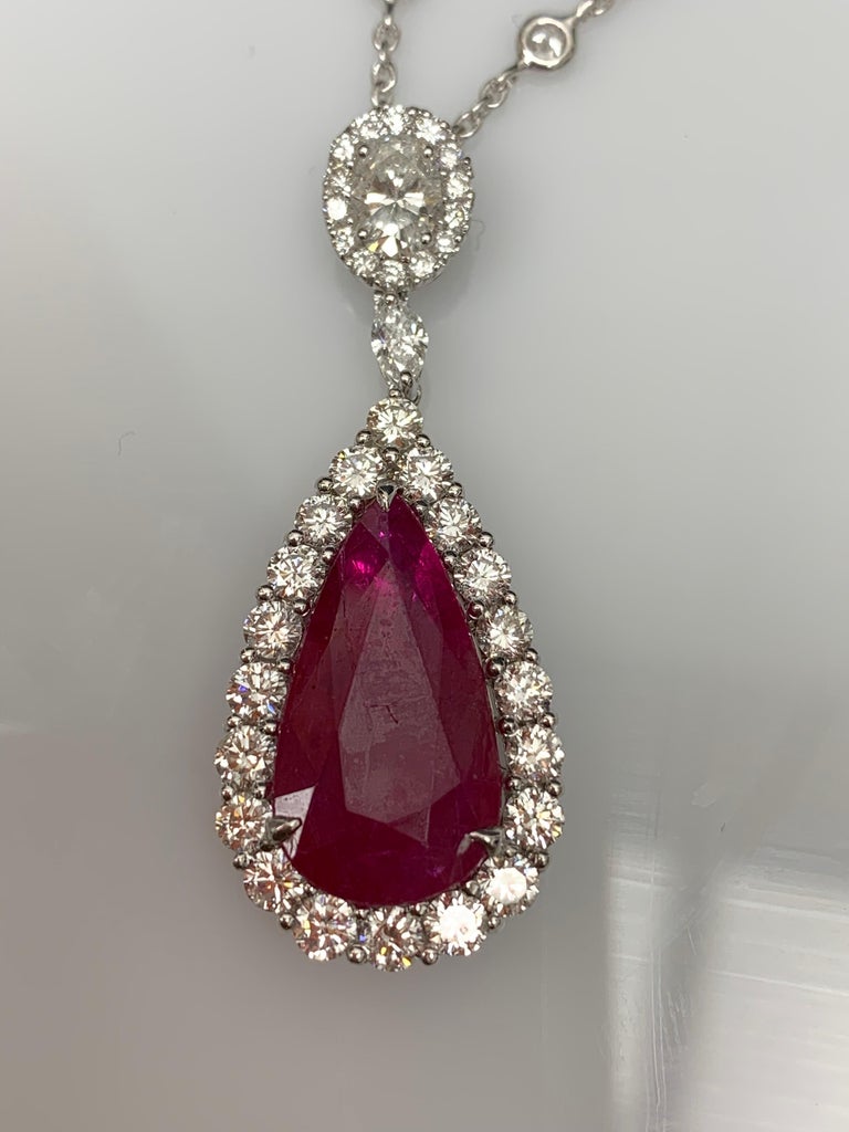 7.20 Carat Pear Shape Ruby and Diamond Halo Drop Necklace in 18K White ...
