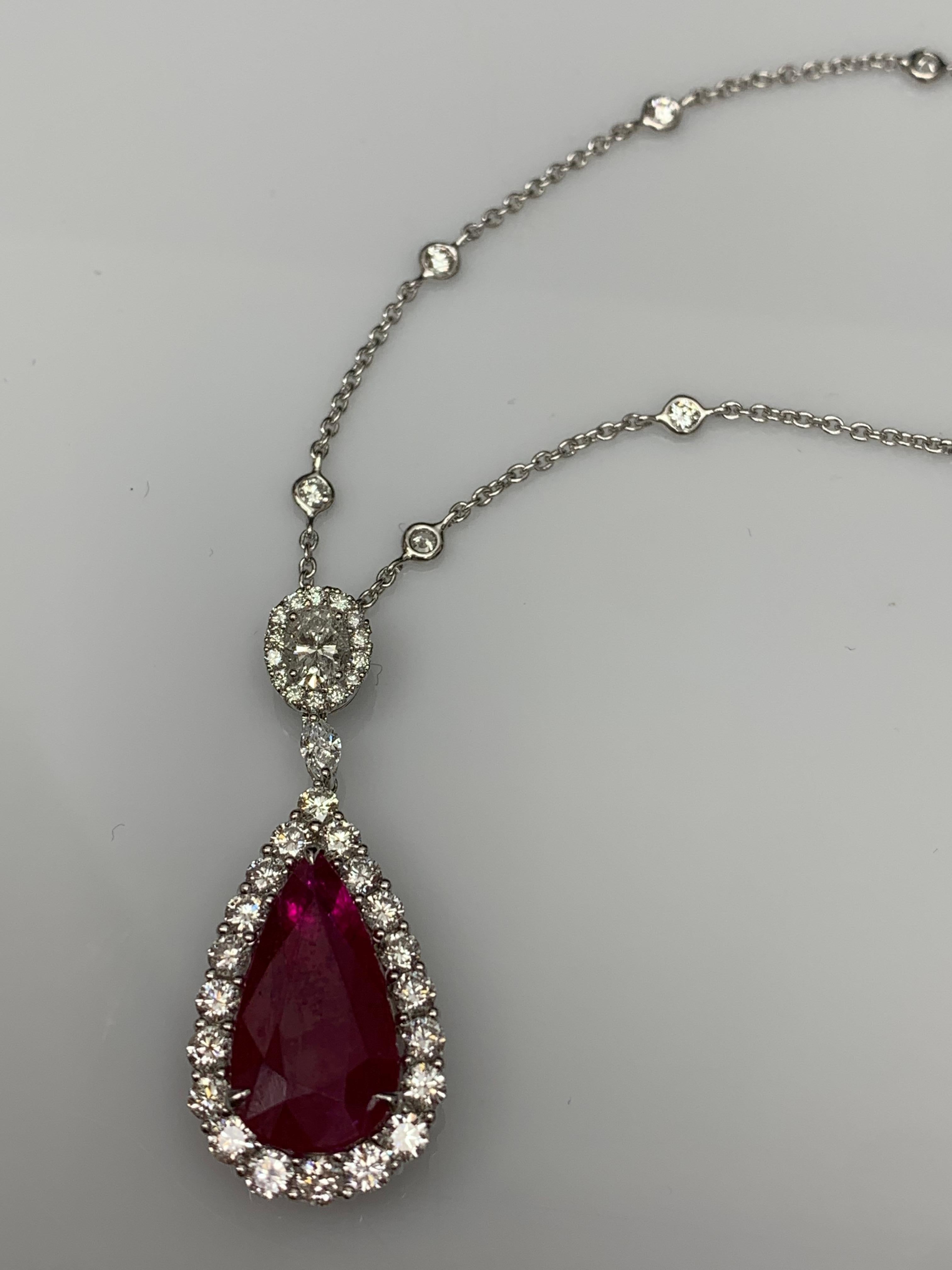 7.20 Carat Pear Shape Ruby and Diamond Halo Drop Necklace in 18K White Gold For Sale 6