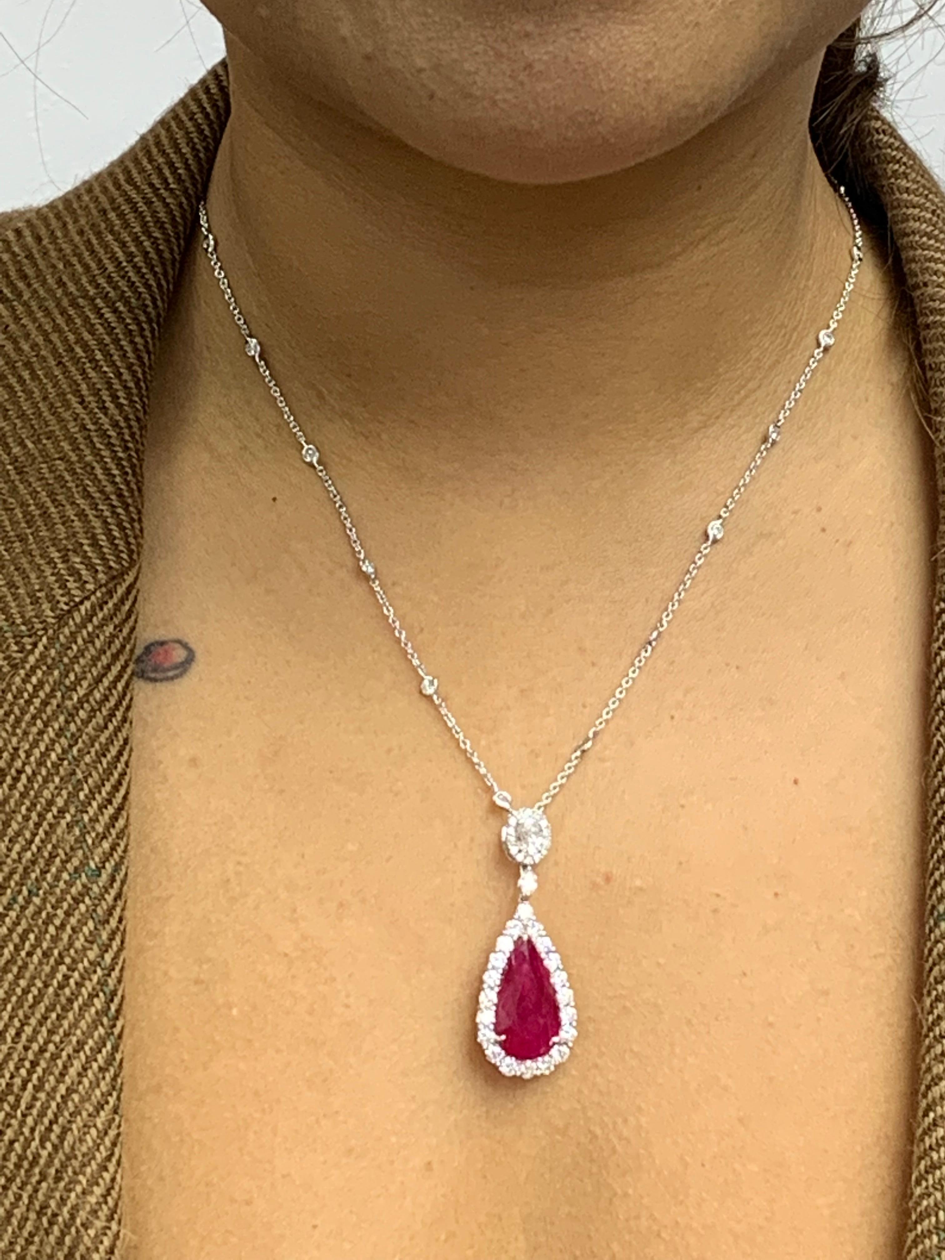 7.20 Carat Pear Shape Ruby and Diamond Halo Drop Necklace in 18K White Gold For Sale 7