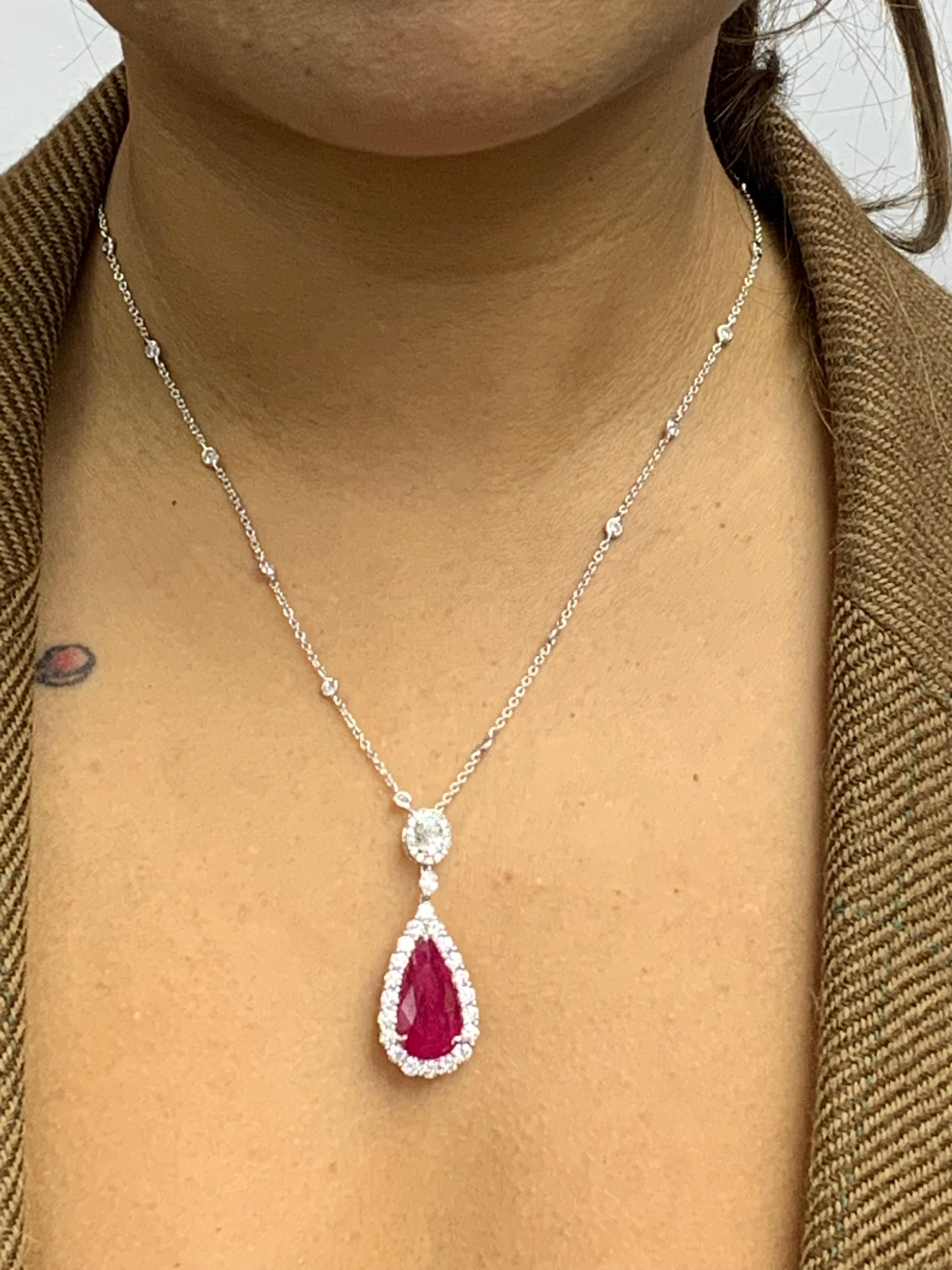 7.20 Carat Pear Shape Ruby and Diamond Halo Drop Necklace in 18K White Gold For Sale 8