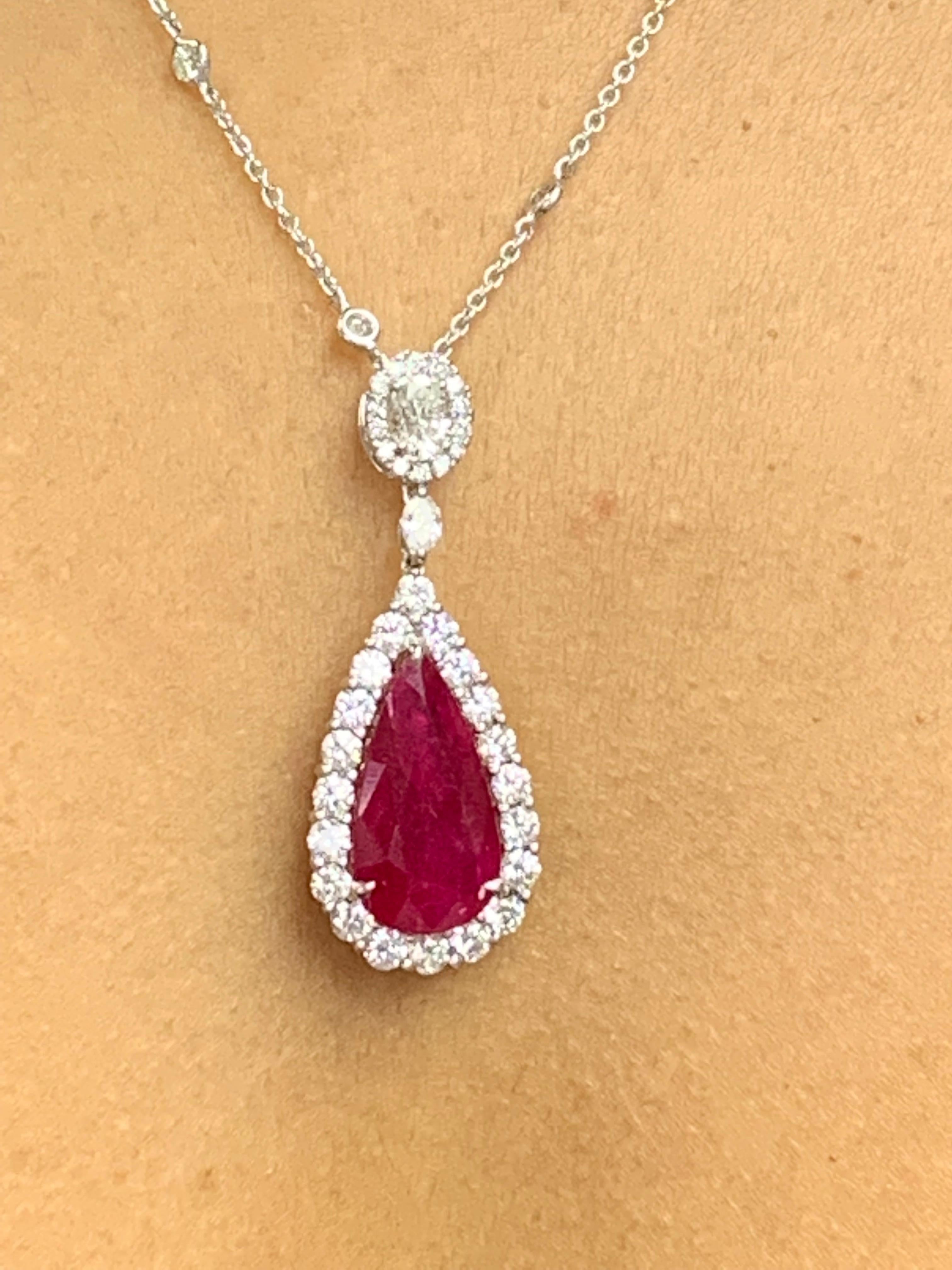 7.20 Carat Pear Shape Ruby and Diamond Halo Drop Necklace in 18K White Gold For Sale 9