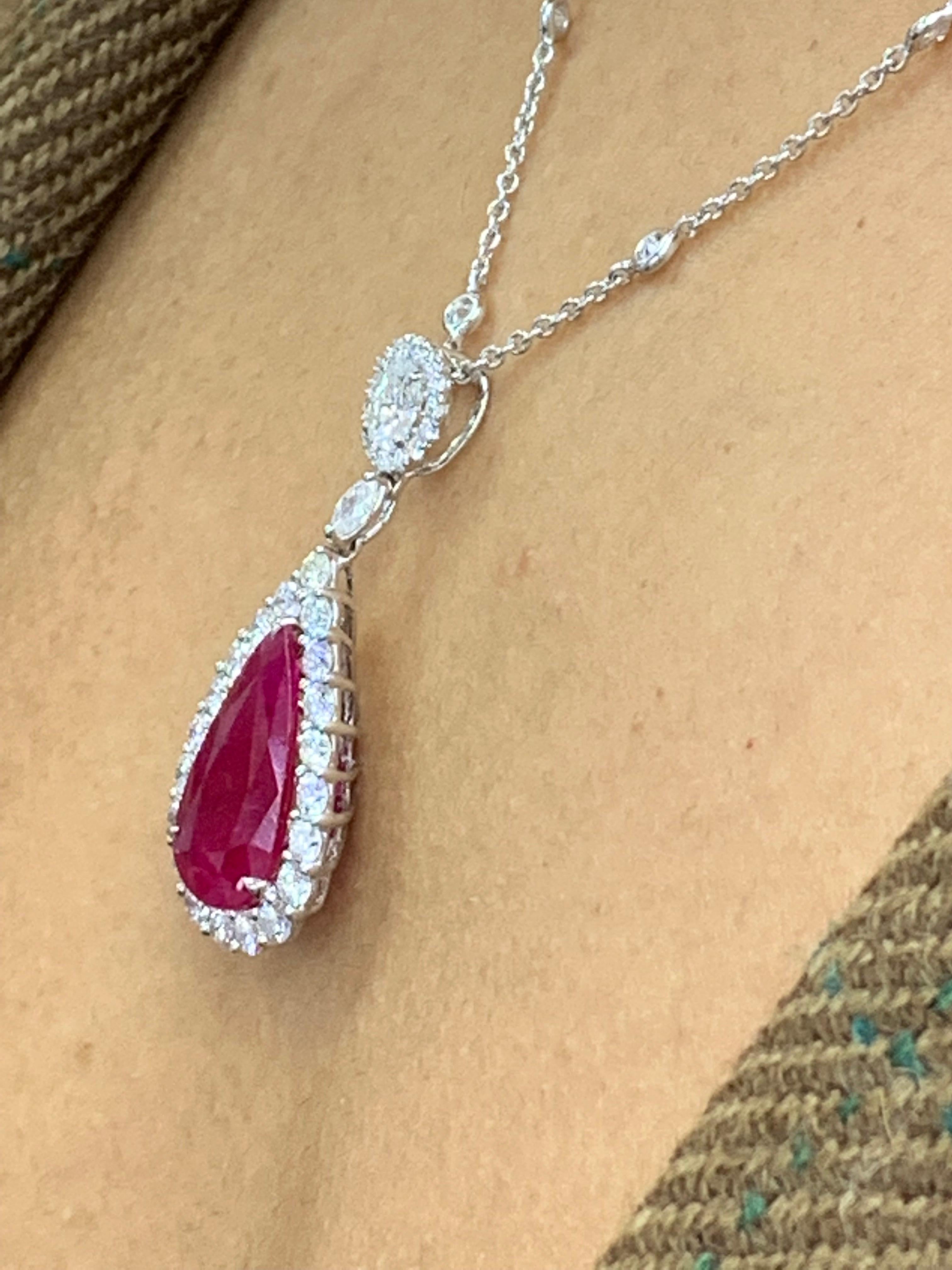 7.20 Carat Pear Shape Ruby and Diamond Halo Drop Necklace in 18K White Gold For Sale 13