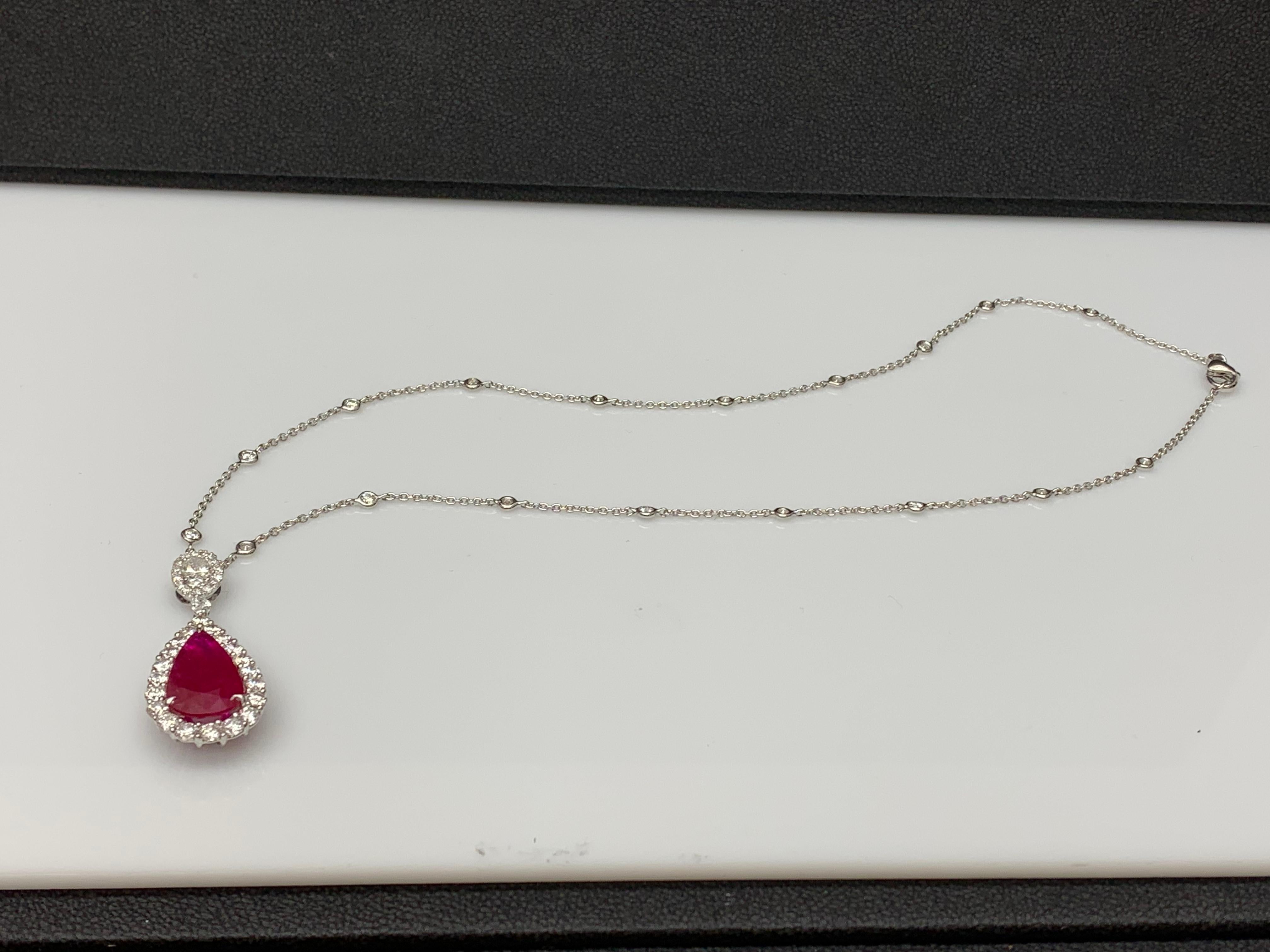 Modern 7.20 Carat Pear Shape Ruby and Diamond Halo Drop Necklace in 18K White Gold For Sale