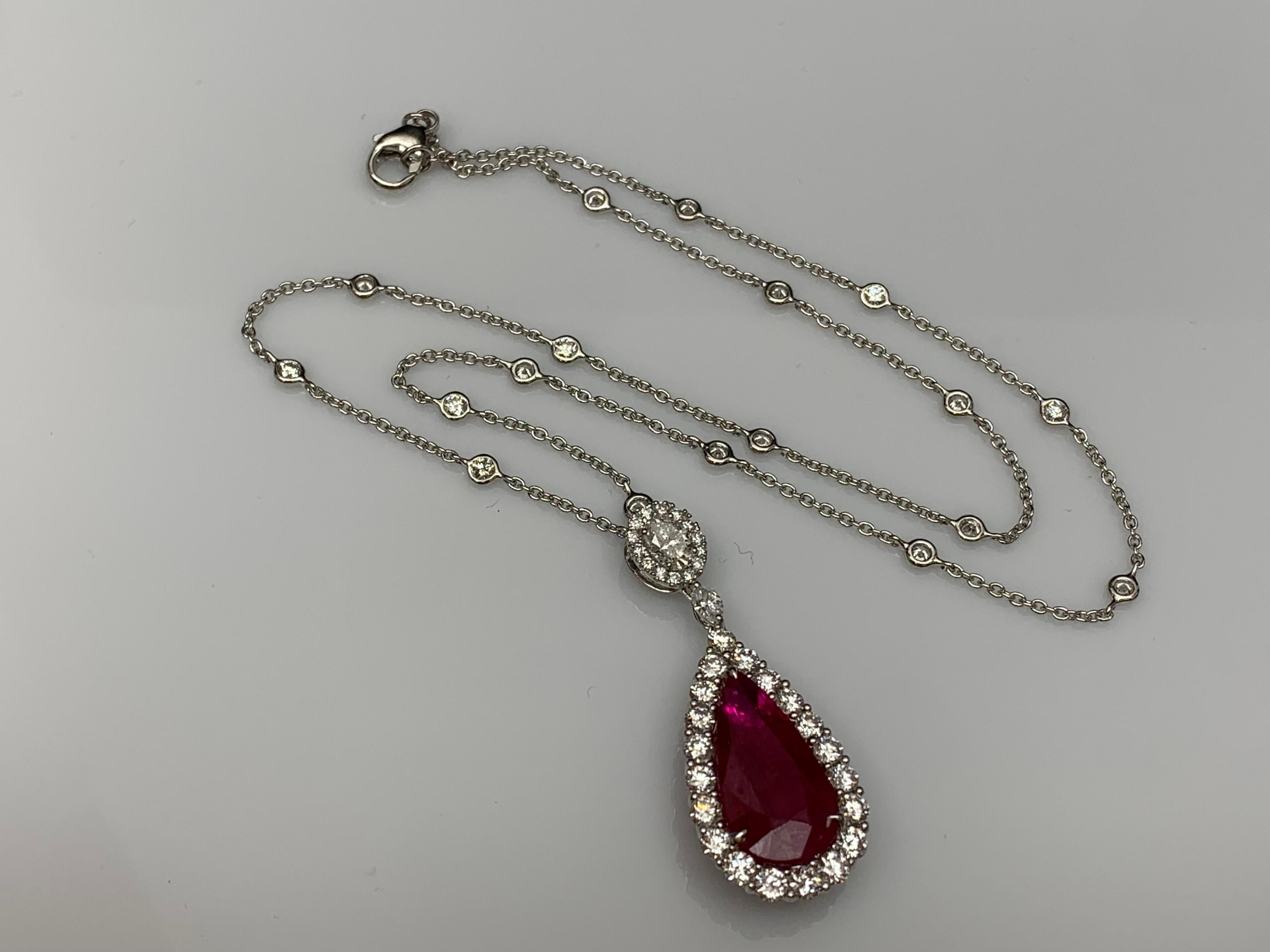 7.20 Carat Pear Shape Ruby and Diamond Halo Drop Necklace in 18K White Gold In New Condition For Sale In NEW YORK, NY