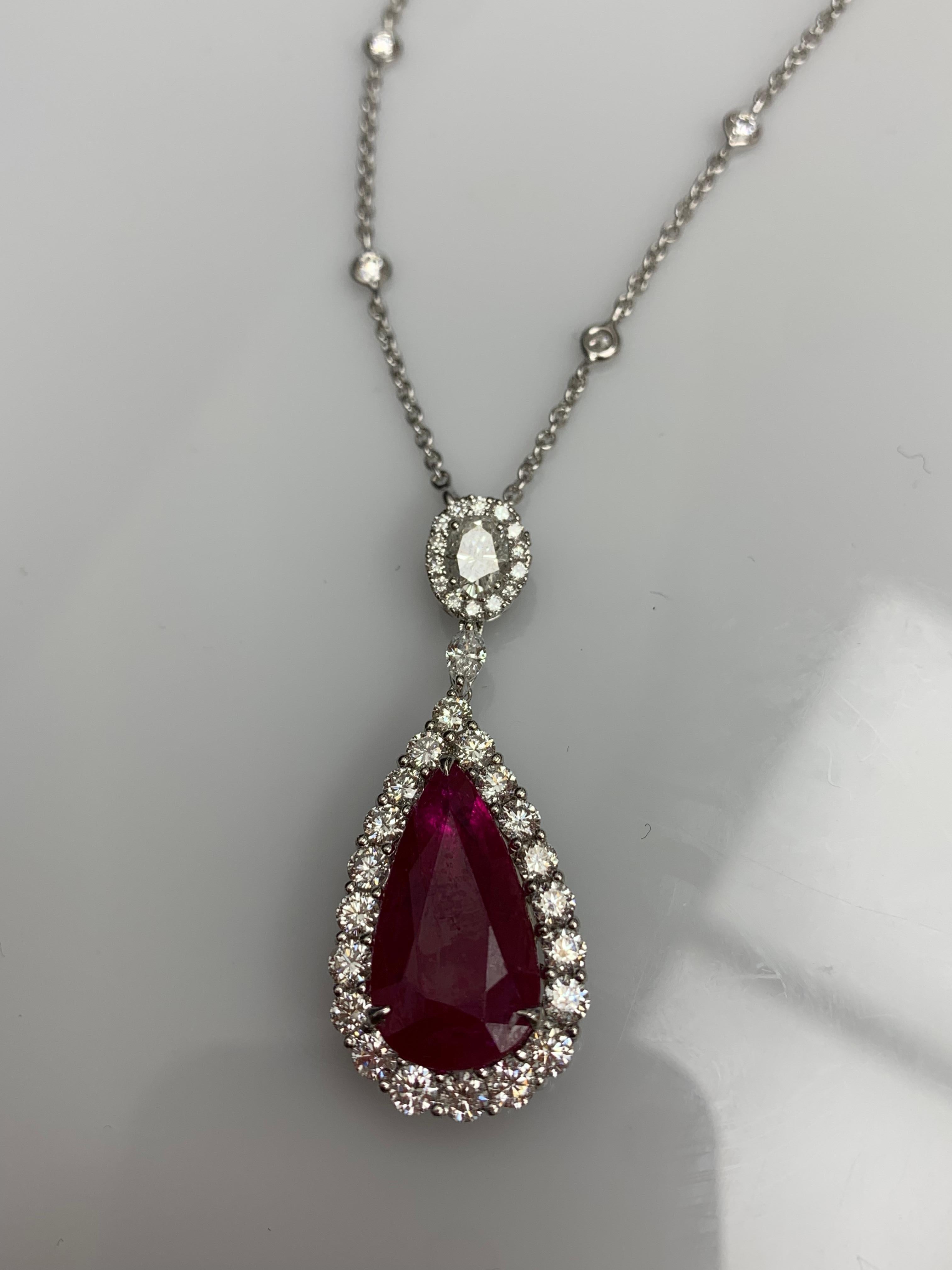 7.20 Carat Pear Shape Ruby and Diamond Halo Drop Necklace in 18K White Gold For Sale 1