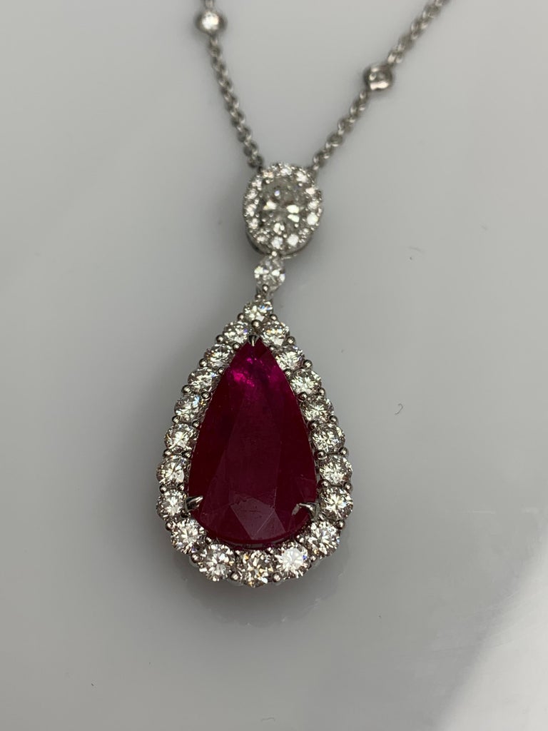 7.20 Carat Pear Shape Ruby and Diamond Halo Drop Necklace in 18K White ...