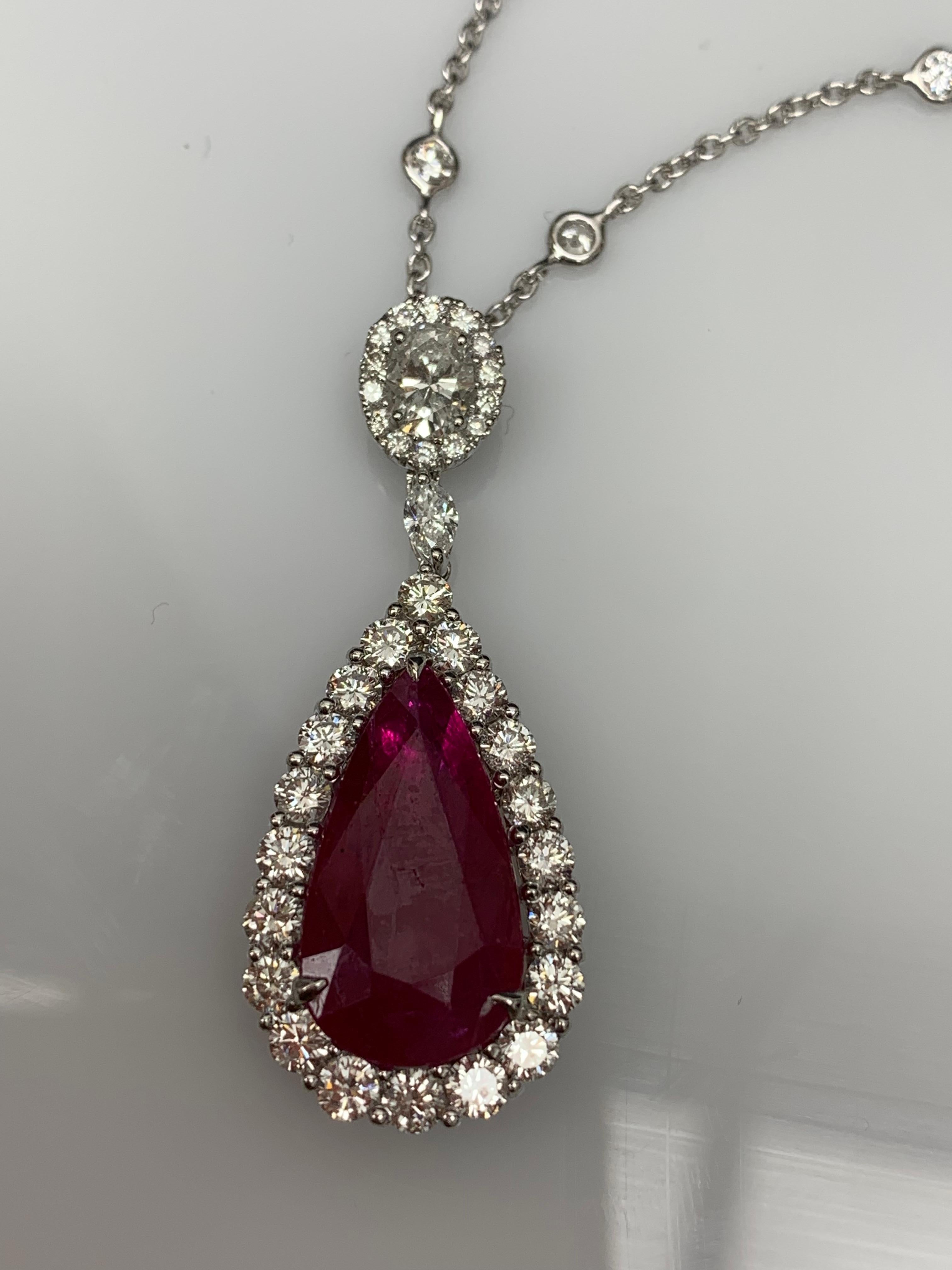 7.20 Carat Pear Shape Ruby and Diamond Halo Drop Necklace in 18K White Gold For Sale 3