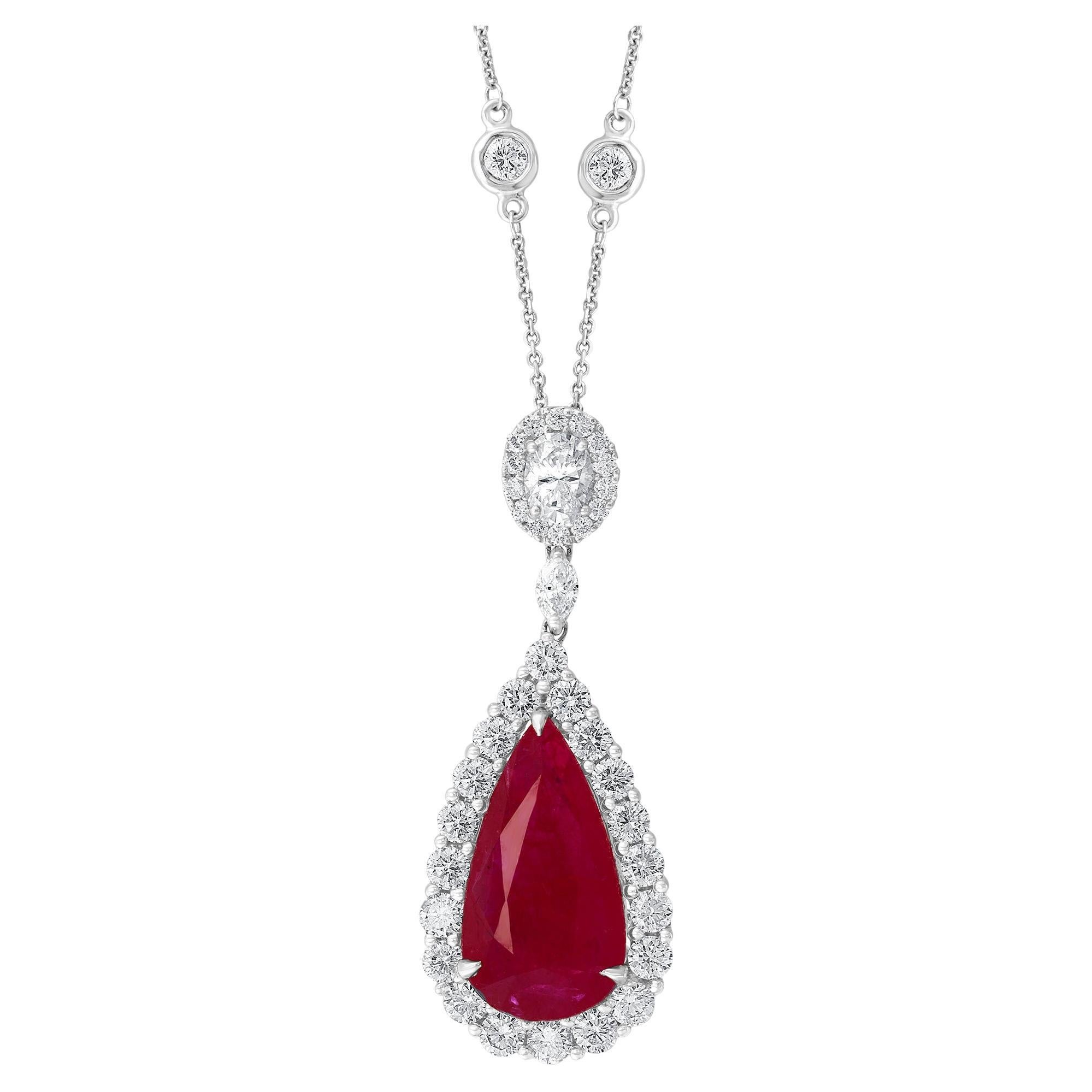 7.20 Carat Pear Shape Ruby and Diamond Halo Drop Necklace in 18K White Gold