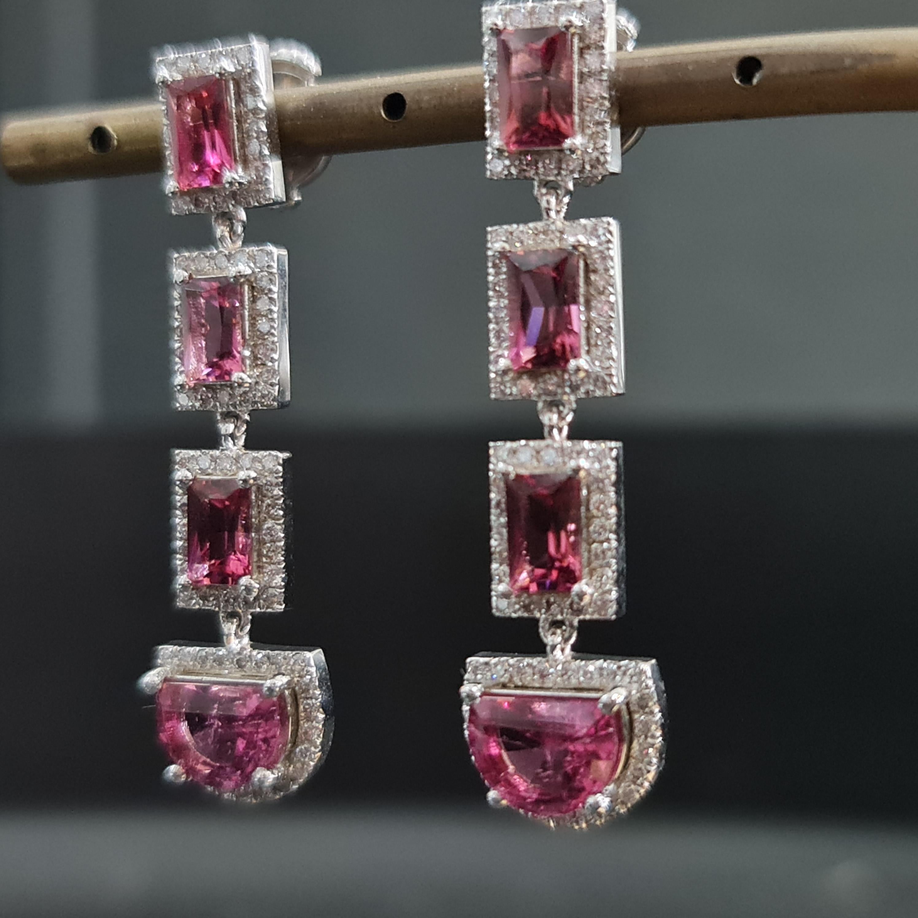 Art Deco 7.20 Carat Pink Tourmaline Earrings with 1.18 Carat Natural Diamonds For Sale