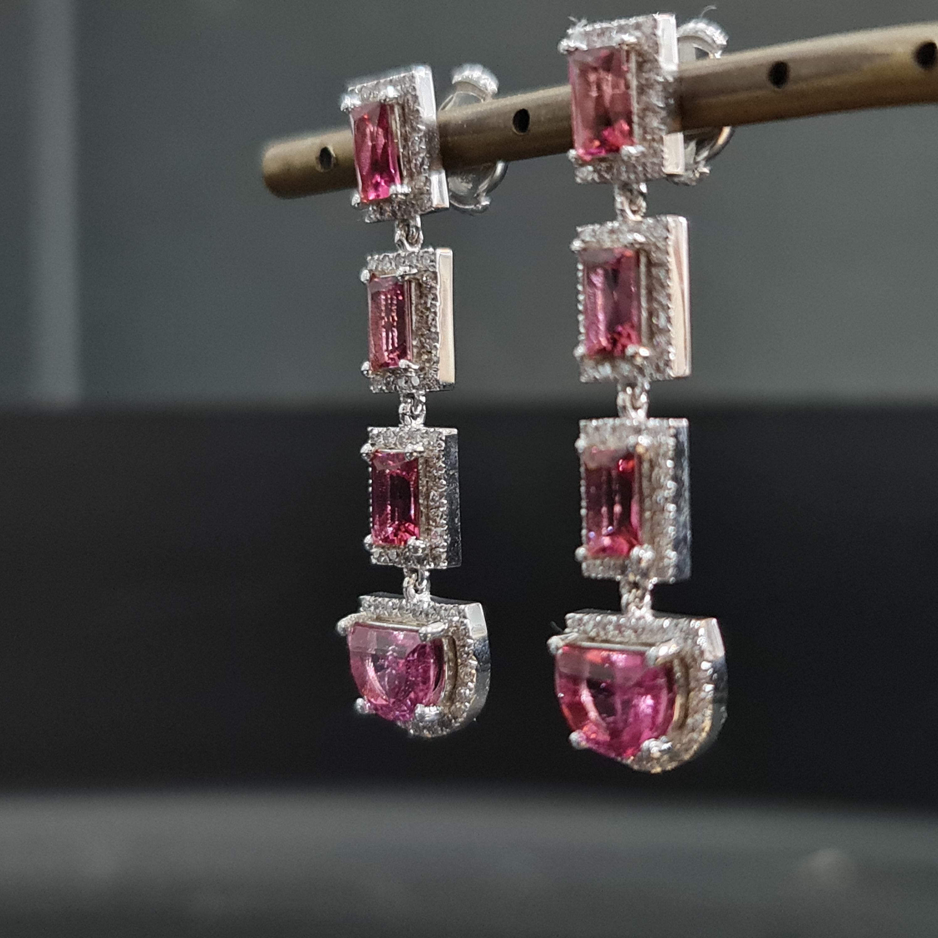 Brilliant Cut 7.20 Carat Pink Tourmaline Earrings with 1.18 Carat Natural Diamonds For Sale
