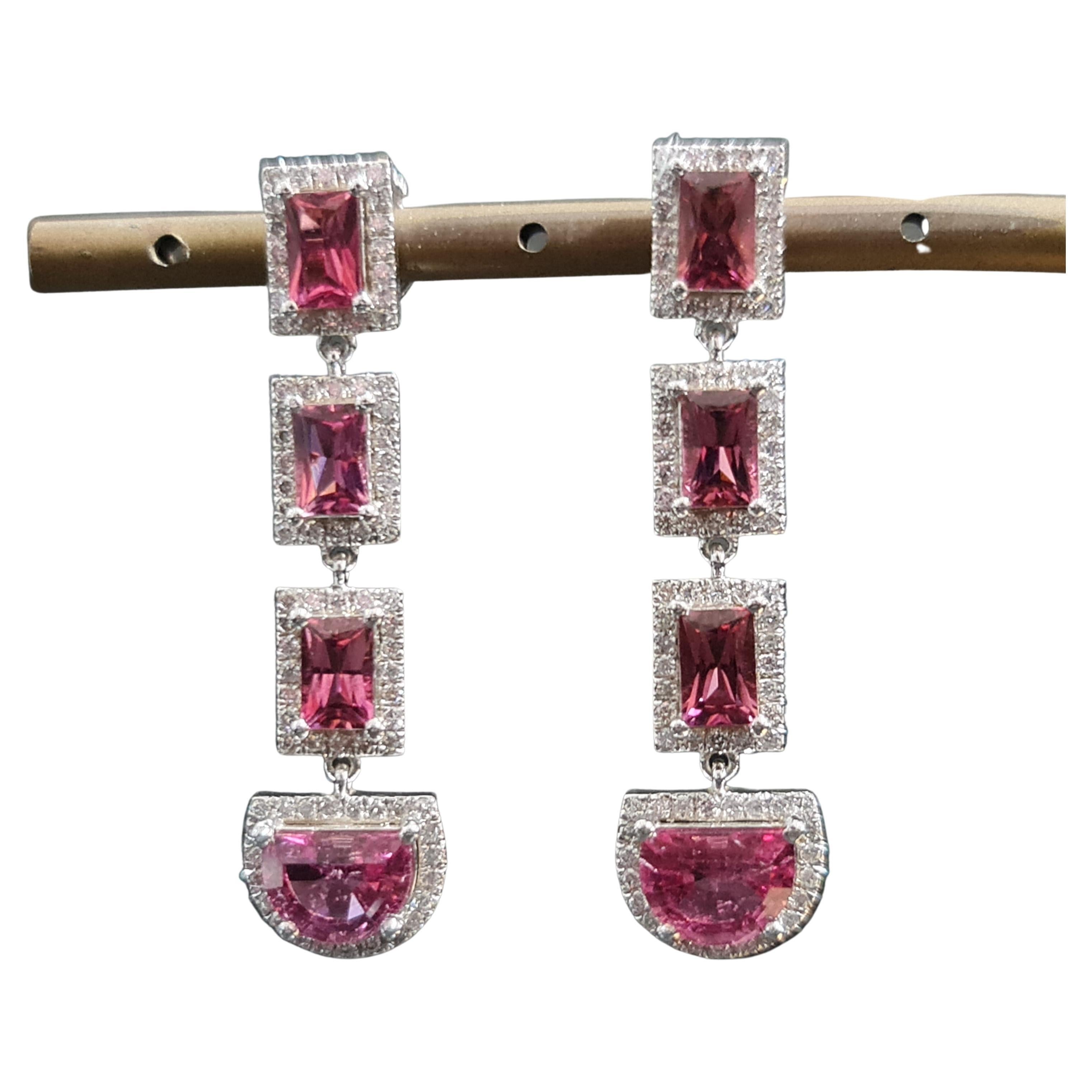 7,20 Karat rosa Turmalin-Ohrringe mit 1,18 Karat natürlichen Diamanten im Angebot