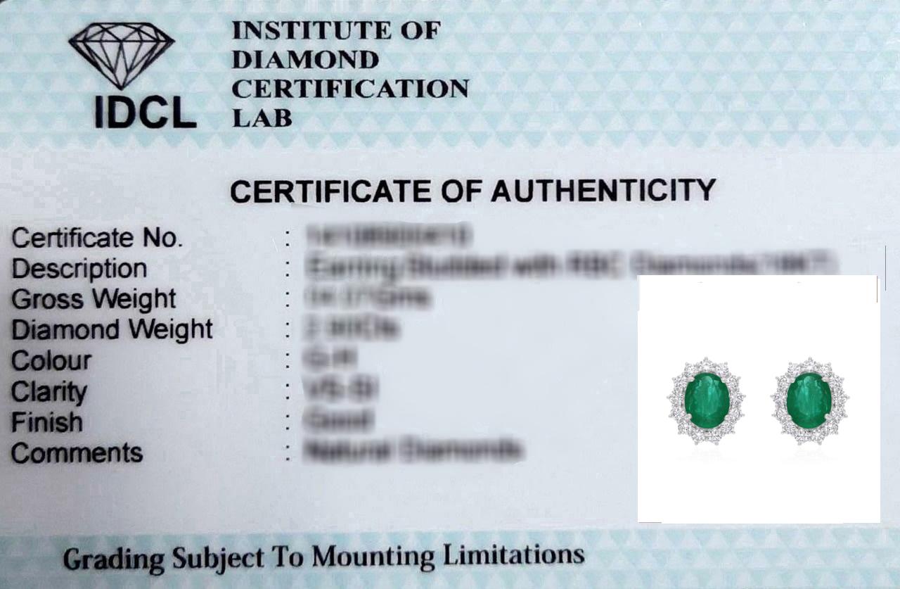 Women's 7.20 Carat Zambian Emerald Earrings 2.32 Carat SI/H Diamond 14 Karat White Gold For Sale