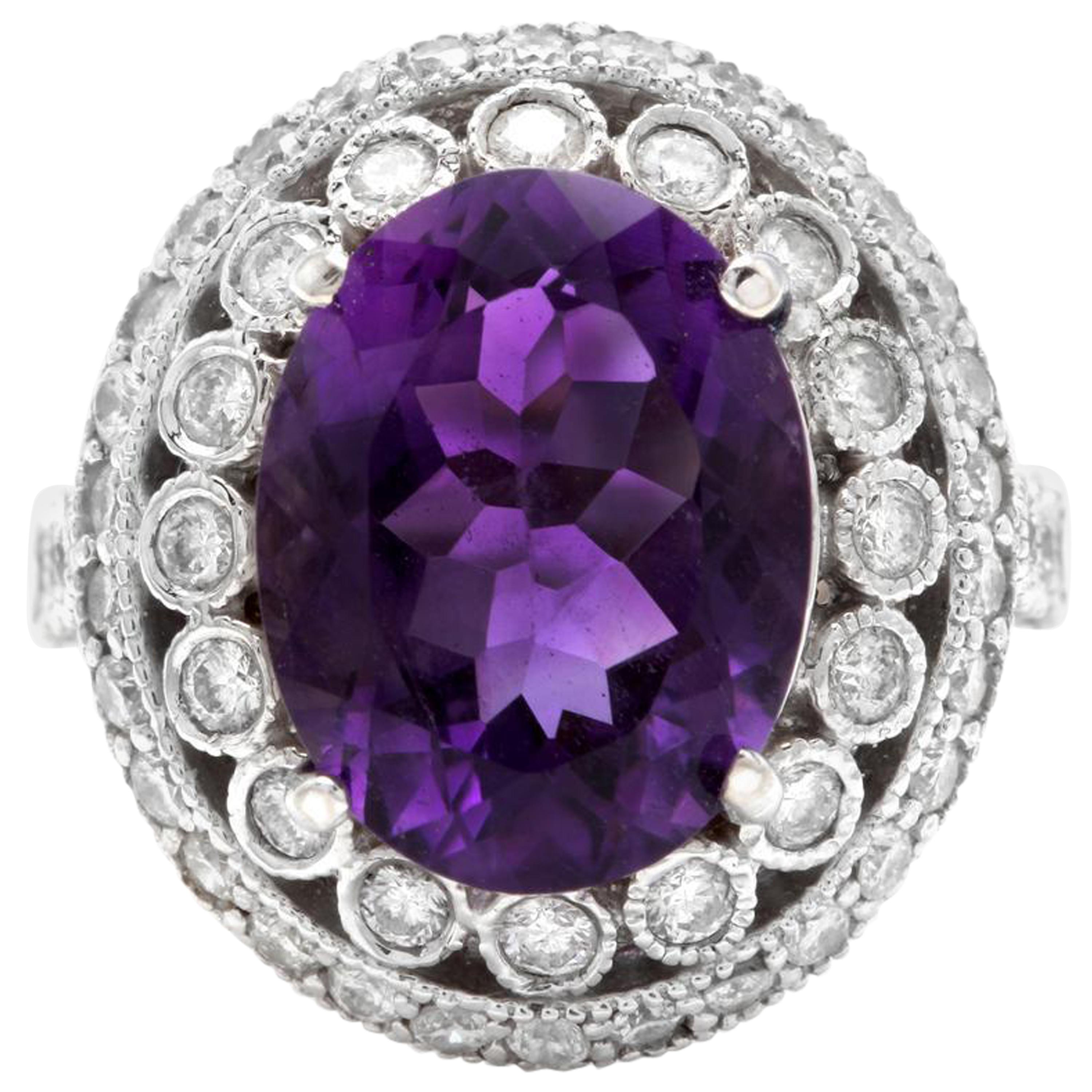 7.20 Carat Natural Amethyst and Diamond 14 Karat Solid White Gold Ring For Sale