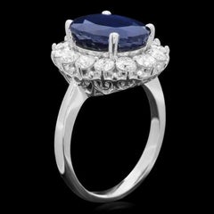 7.20 Carats Natural Blue Sapphire and Diamond 14K Solid White Gold Ring