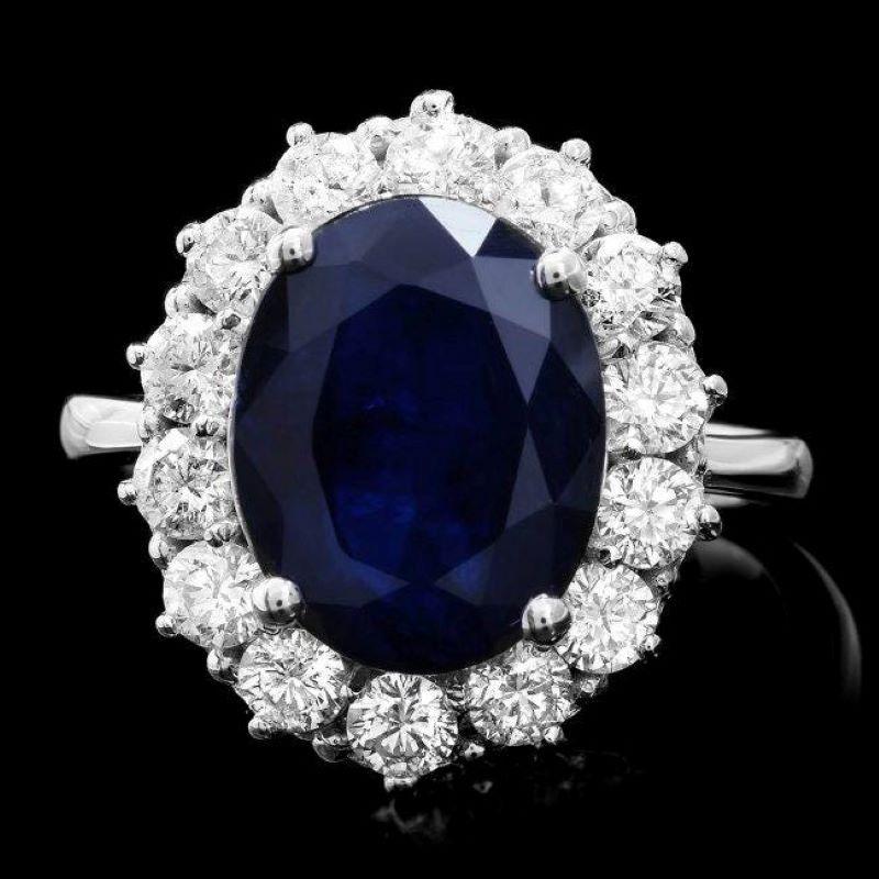 Mixed Cut 7.20 Carats Natural Blue Sapphire and Diamond 14K Solid White Gold Ring For Sale