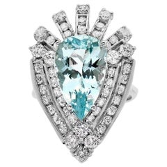 Anillo de oro blanco macizo de 14 quilates con aguamarina natural y diamantes de 7,20 quilates