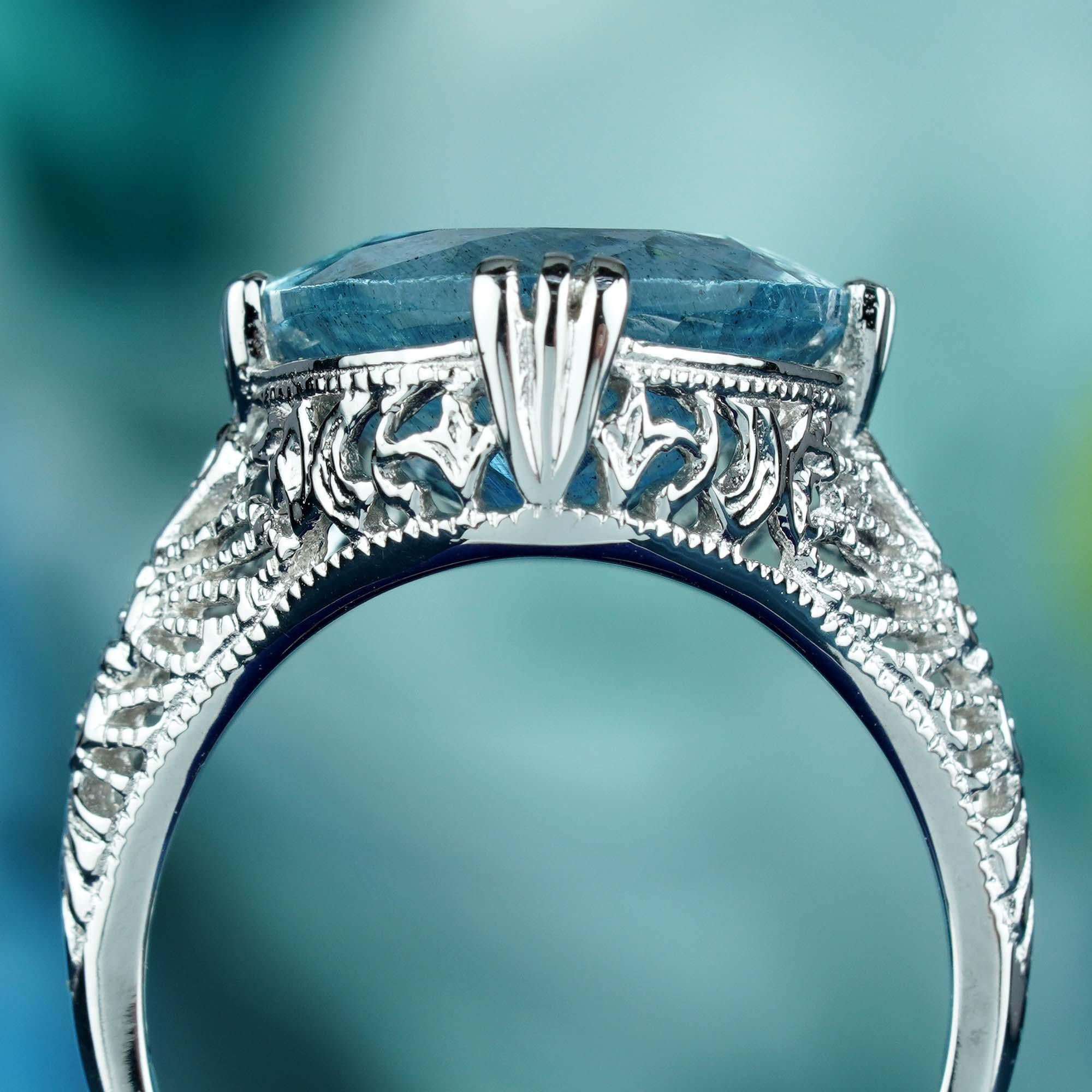 7.20 Ct. Natural Aquamarine Vintage Style Filigree Solitaire Ring in 14K Gold In New Condition For Sale In Bangkok, TH