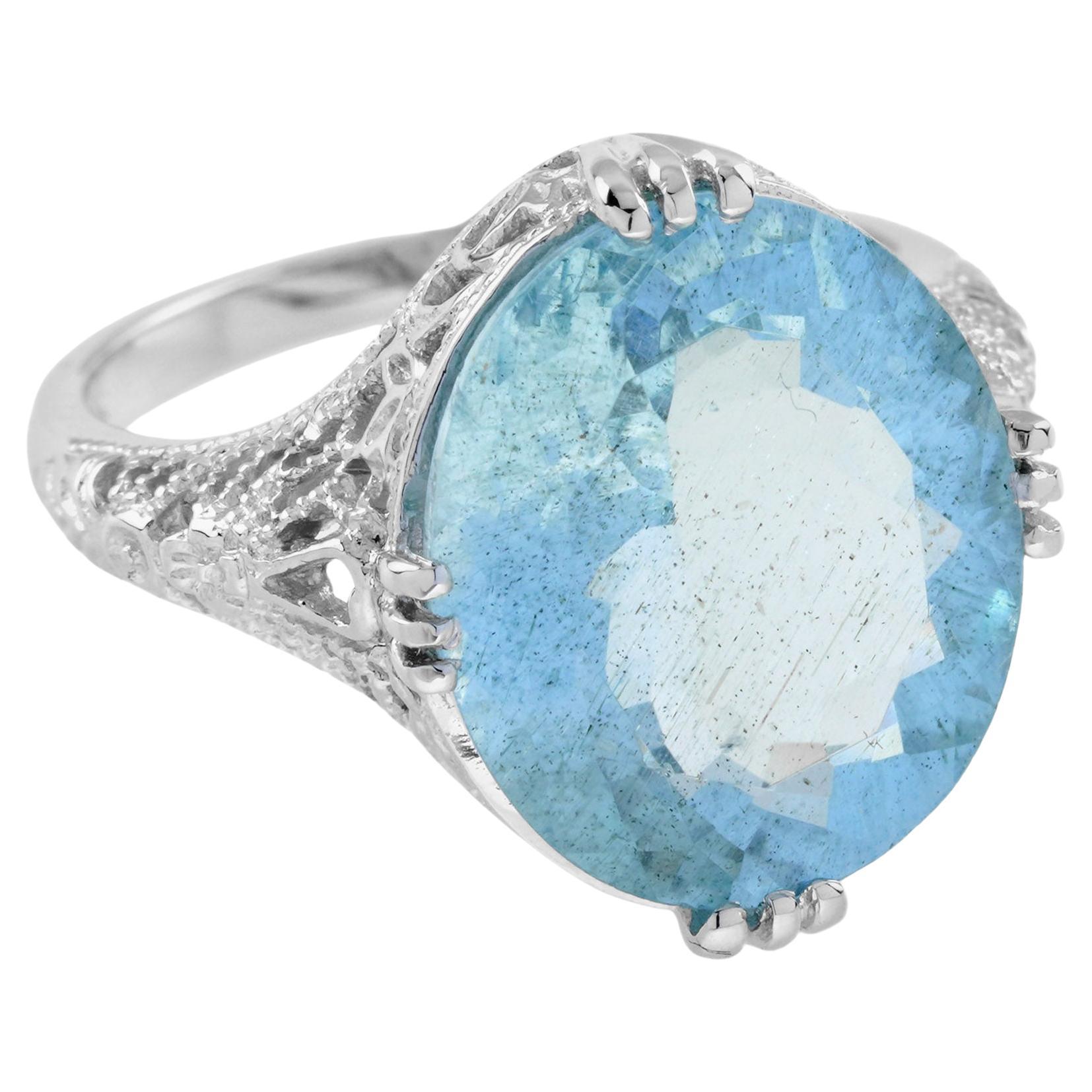 7.20 Ct. Natural Aquamarine Vintage Style Filigree Solitaire Ring in 14K Gold For Sale