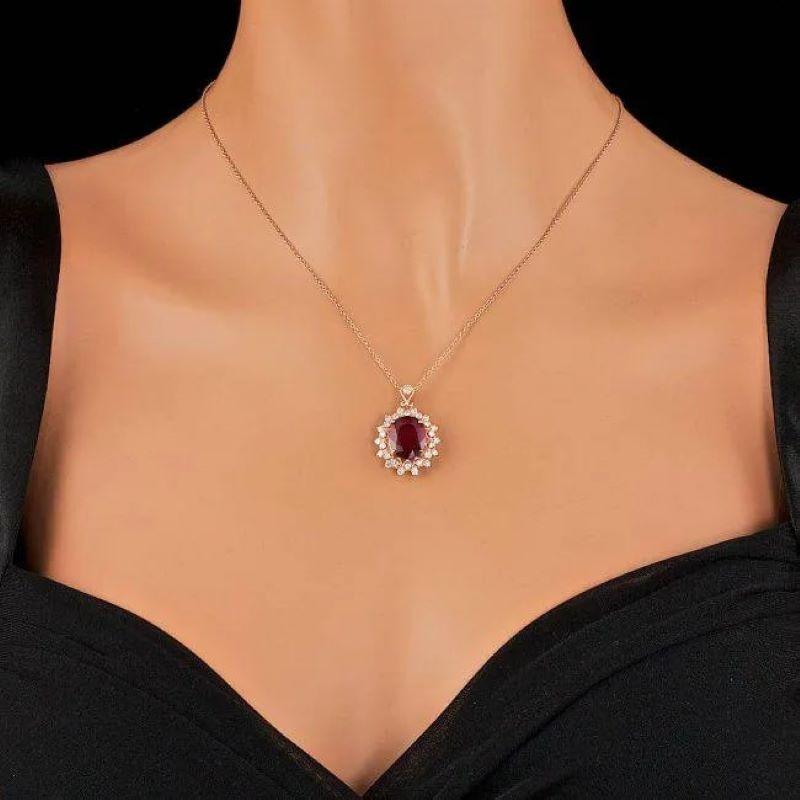 Oval Cut 7.20Ct Natural Red Ruby and Diamond 14K Solid Rose Gold Pendant For Sale