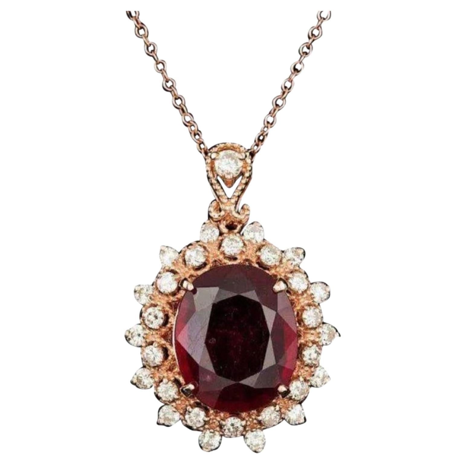 7.20Ct Natural Red Ruby and Diamond 14K Solid Rose Gold Pendant For Sale