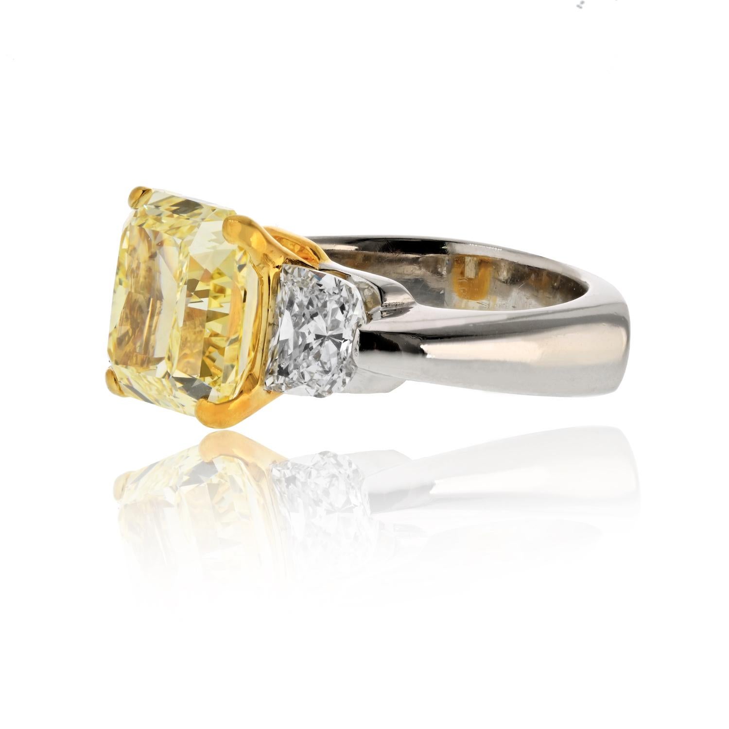 Modern 7.20ct Radiant Cut Fancy Yellow Three Stone Diamond Engagement Ring For Sale