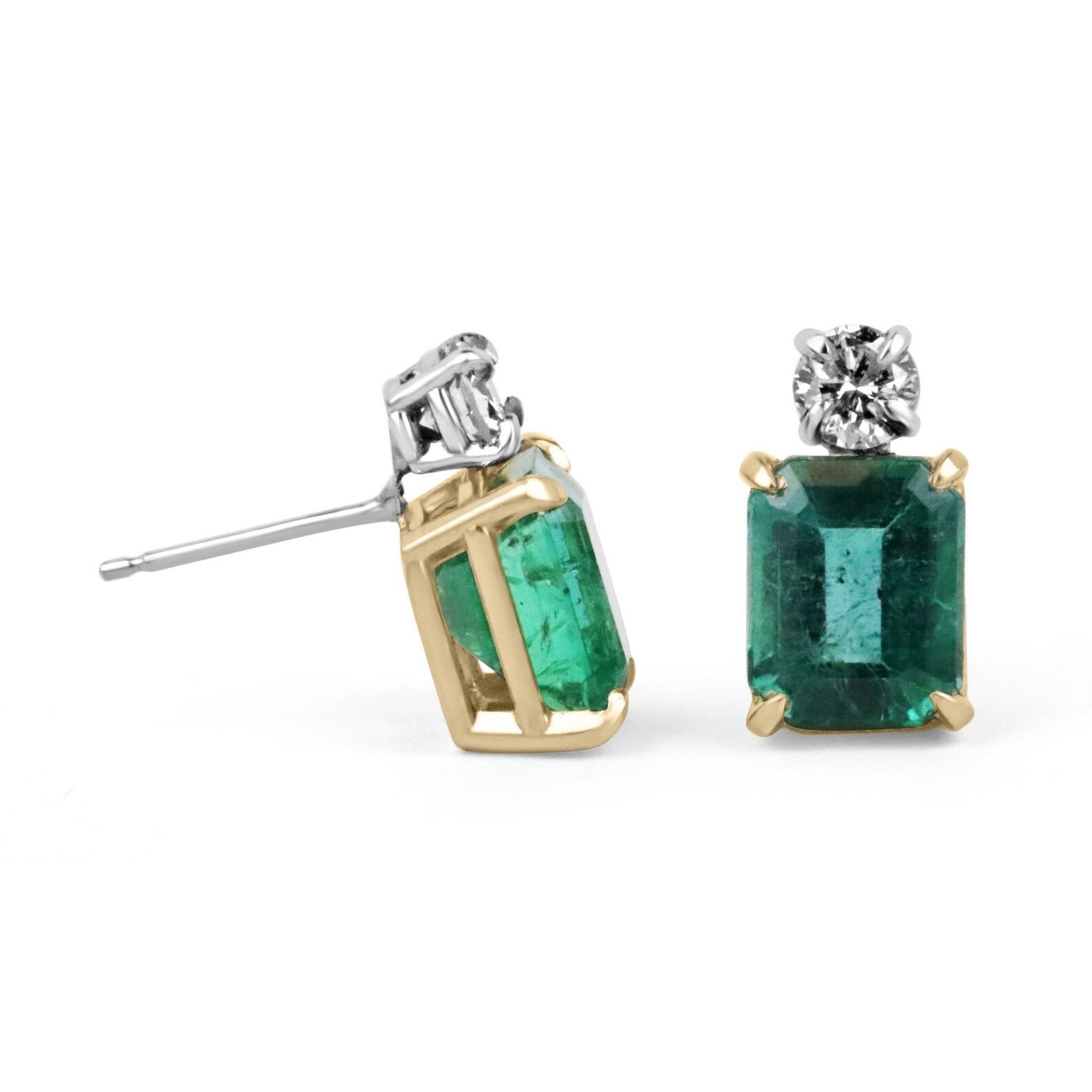 Elegance defined! The perfect gift for someone celebrating a birthday or anniversary, these 7.20tcw vivid sea deep green emerald cut and diamond earrings are fashioned in solid 18k yellow and white gold. They feature genuine rare deeply saturated