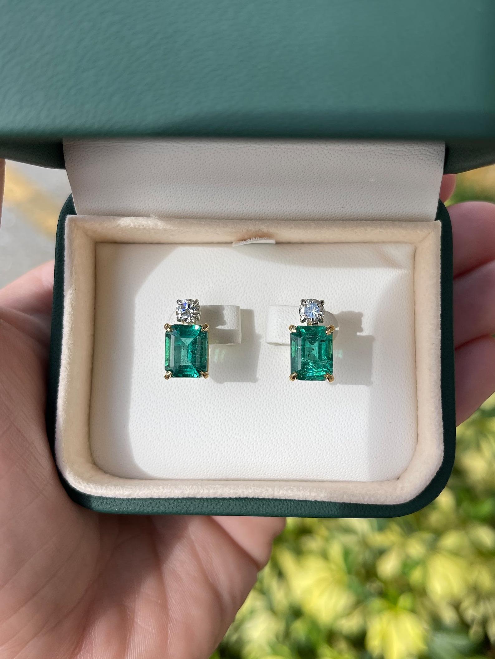 Modern 7.20tcw AAA Vivid Green Natural Emerald & Diamond Accent Top Stud Earrings 18K For Sale