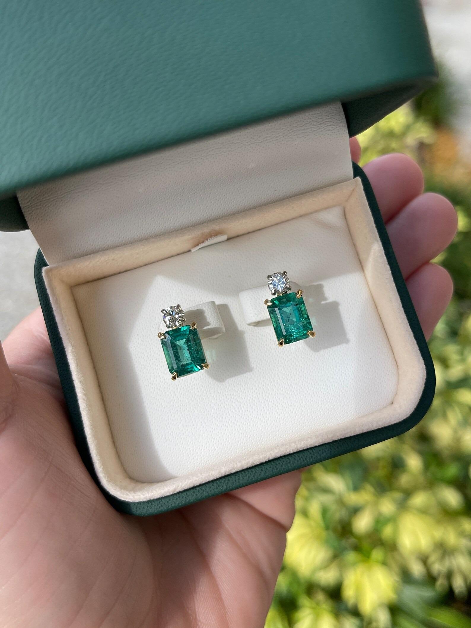 Emerald Cut 7.20tcw AAA Vivid Green Natural Emerald & Diamond Accent Top Stud Earrings 18K For Sale