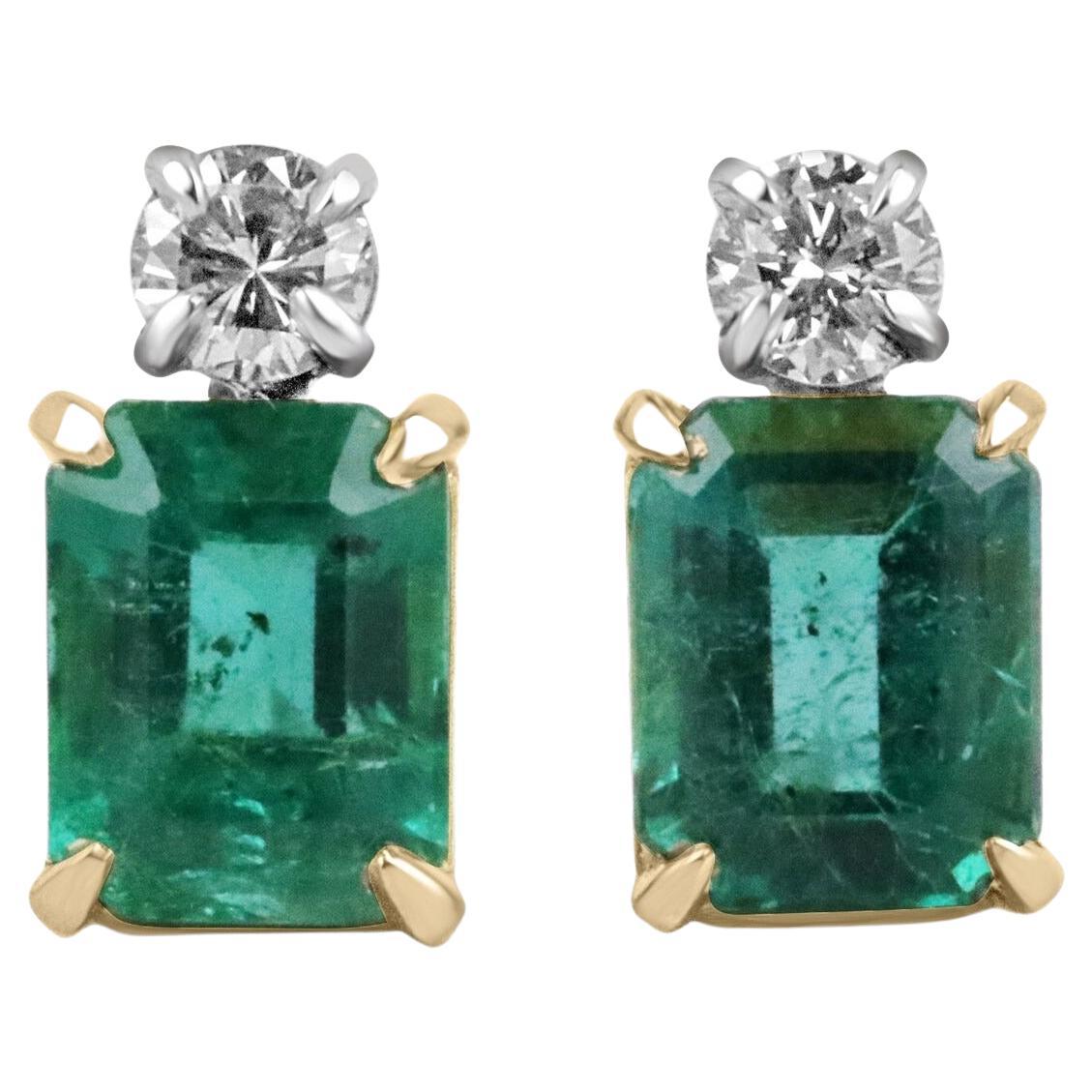 7,20tcw AAA Vivid Green Natürlicher Smaragd & Diamant Akzent Top Ohrstecker 18K