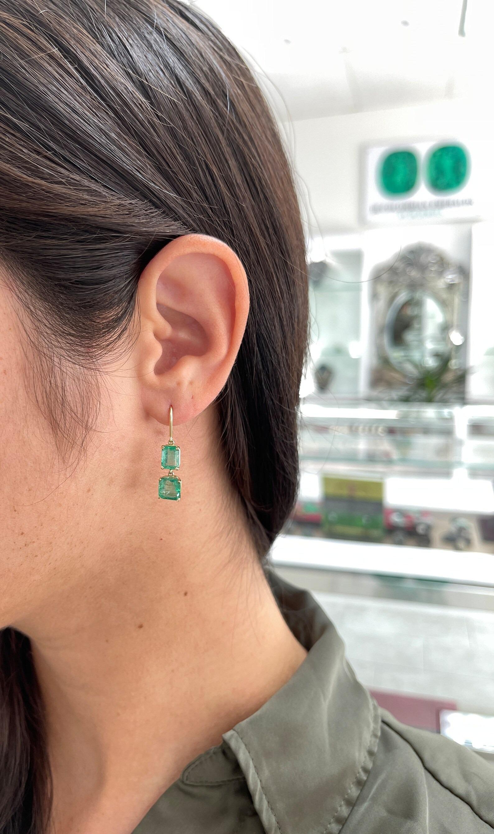 7.20tcw Natural Emerald-Emerald Cut & Asscher Cut Dangle Drop Hook Earrings 14K For Sale 1