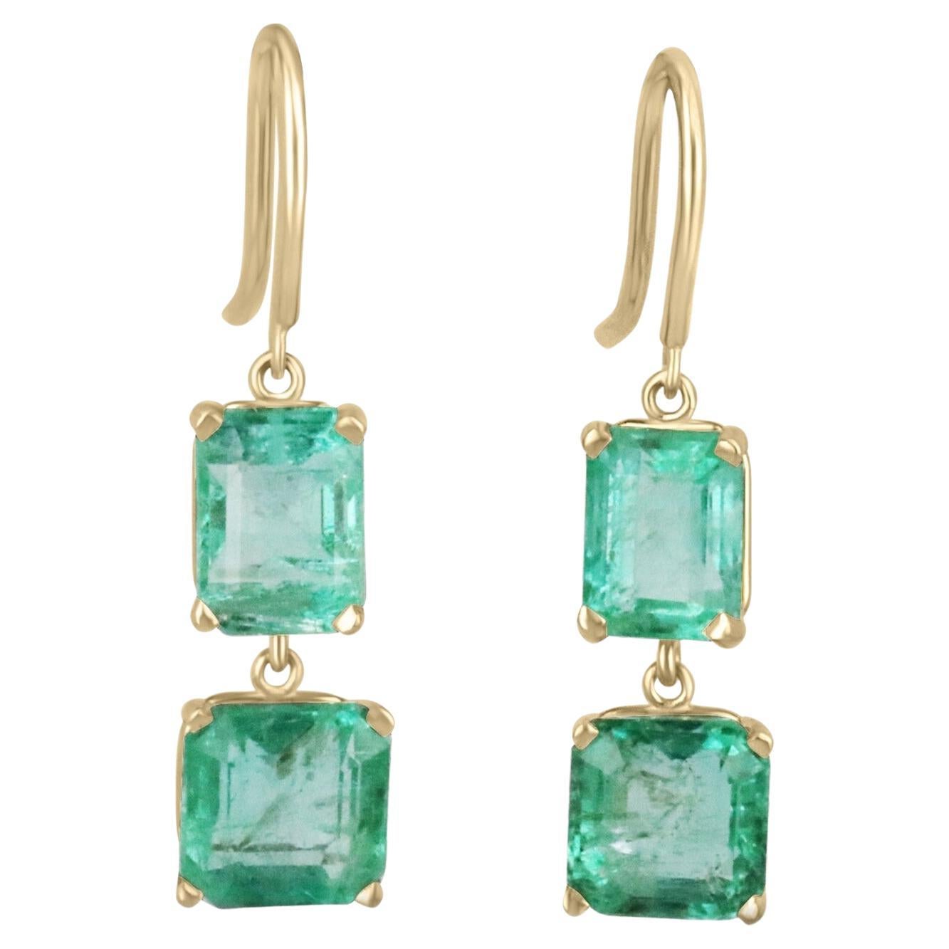 7.20tcw Natural Emerald-Emerald Cut & Asscher Cut Dangle Drop Hook Earrings 14K For Sale