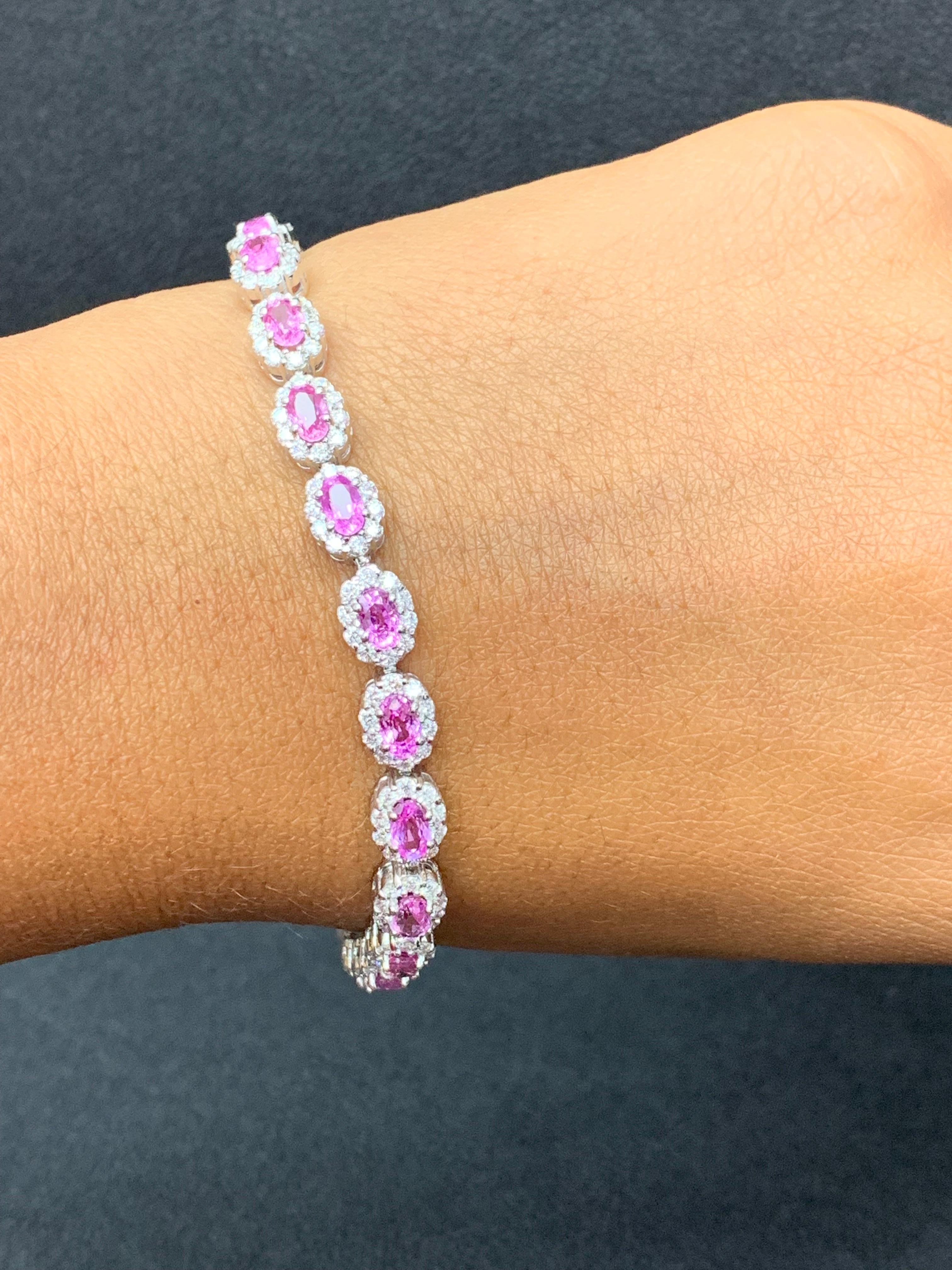7.21 Carat Oval Cut Pink Sapphire and Diamond Halo Bracelet in 14K White Gold For Sale 2