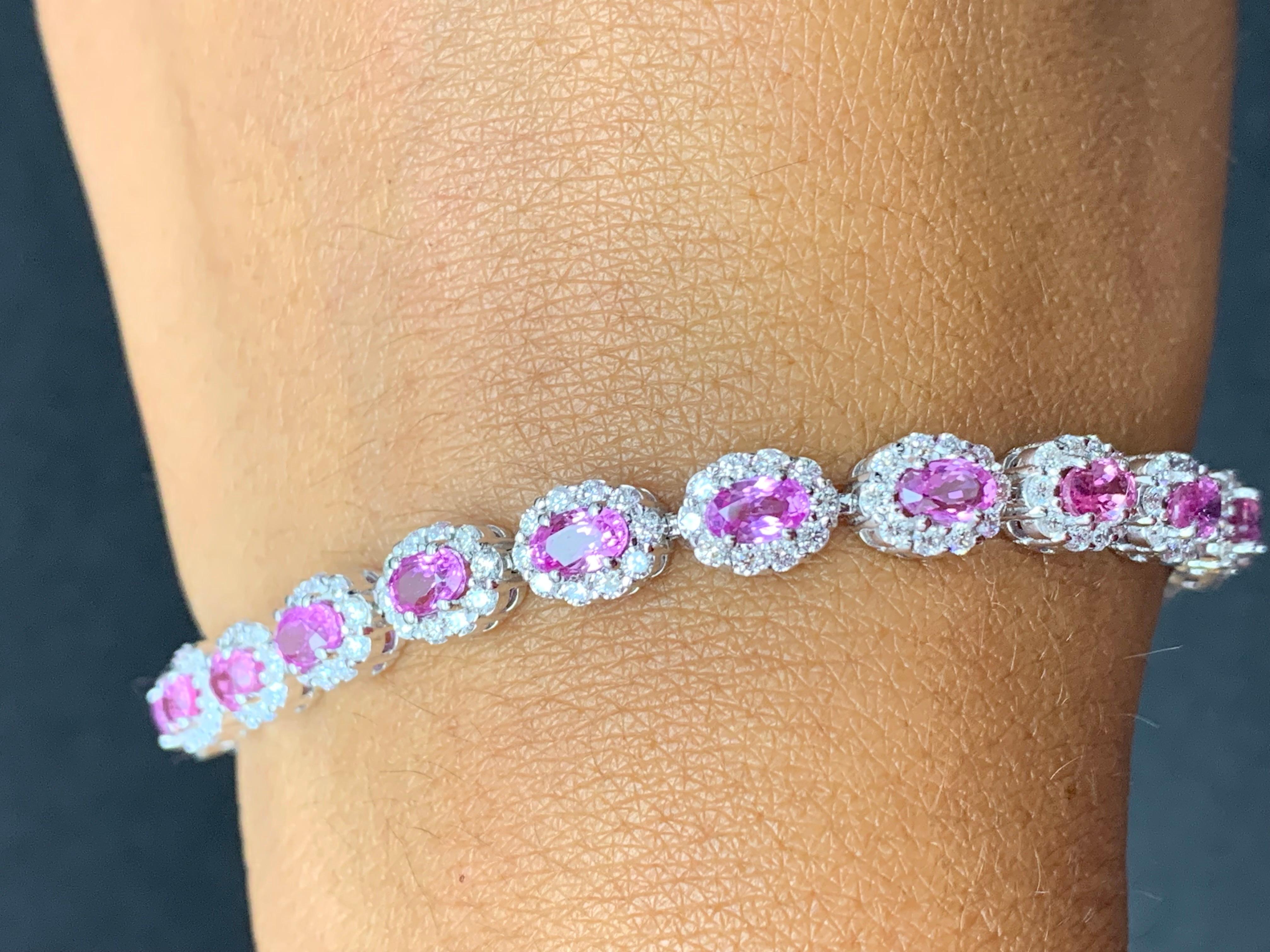 7.21 Carat Oval Cut Pink Sapphire and Diamond Halo Bracelet in 14K White Gold For Sale 3