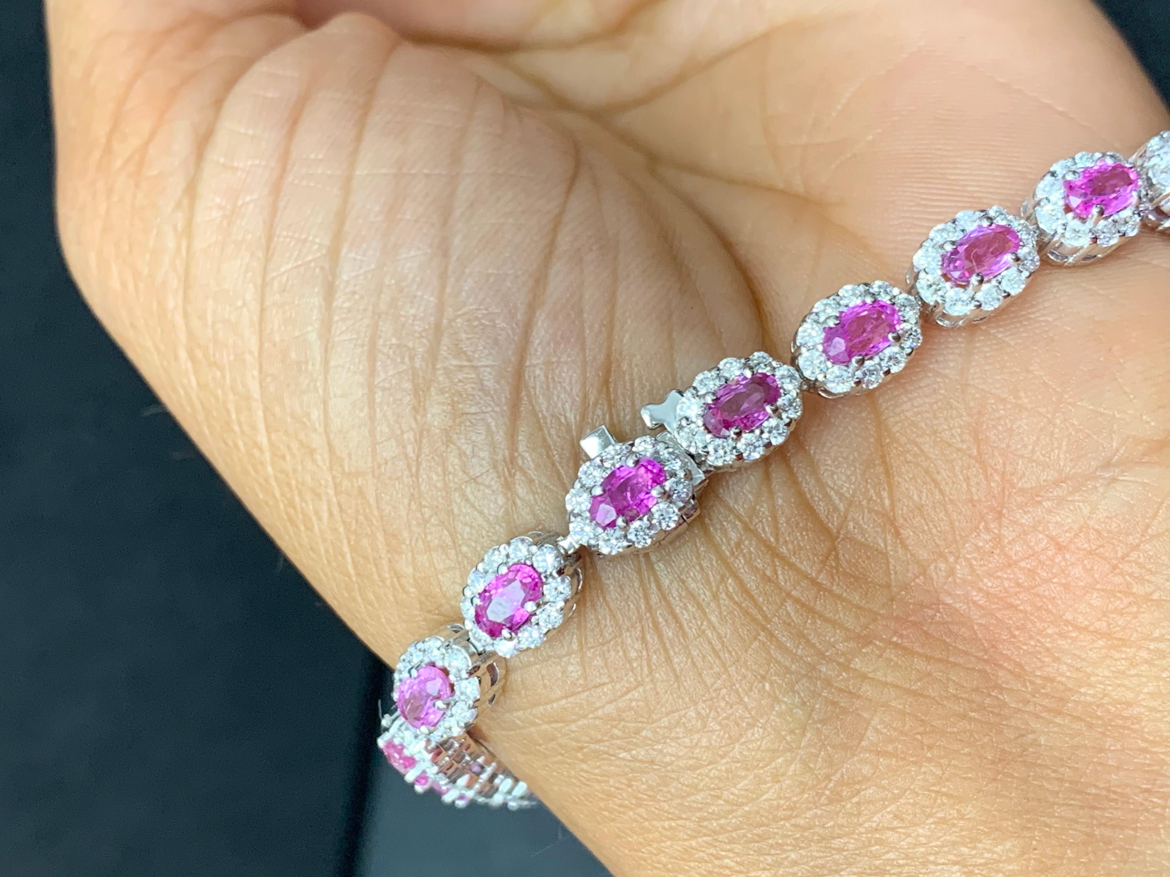 7.21 Carat Oval Cut Pink Sapphire and Diamond Halo Bracelet in 14K White Gold For Sale 4