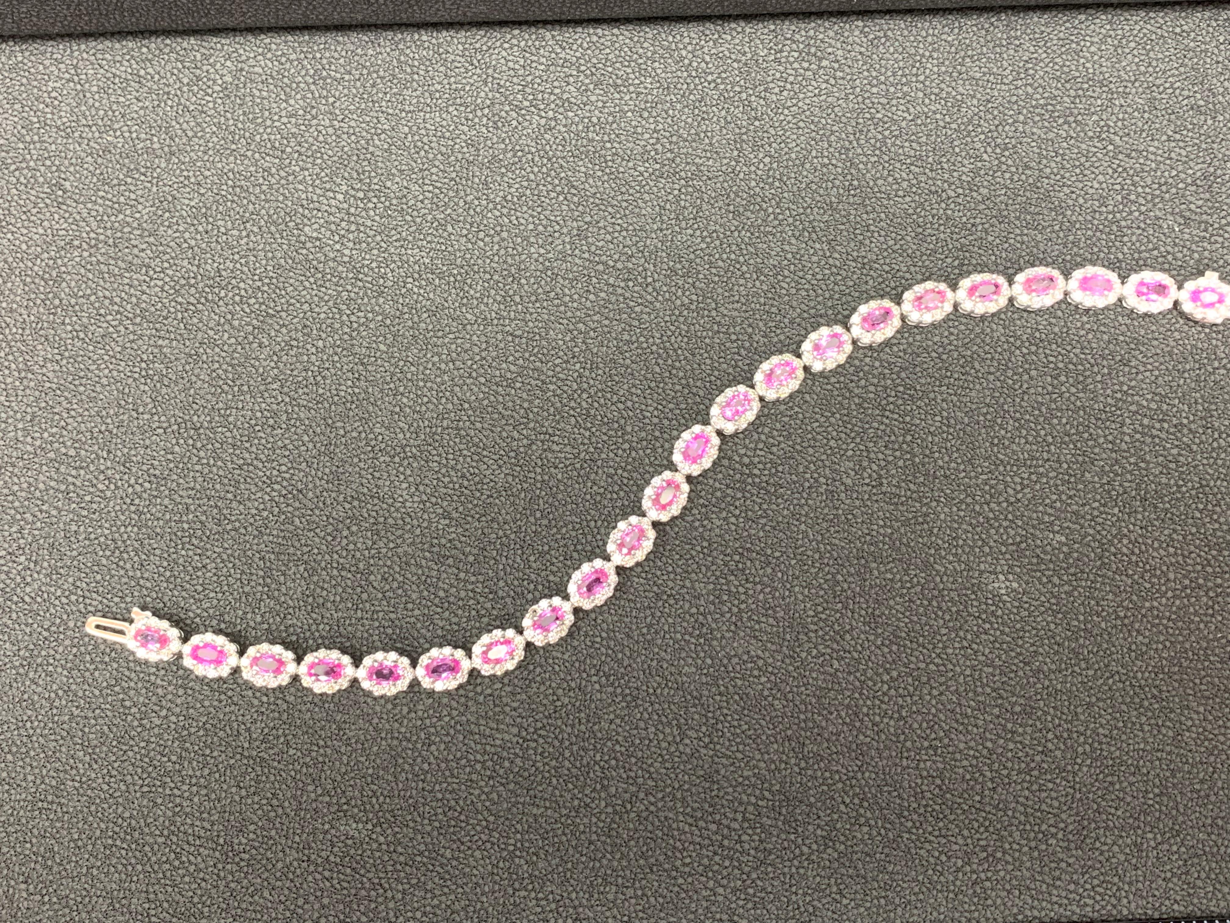 7.21 Carat Oval Cut Pink Sapphire and Diamond Halo Bracelet in 14K White Gold In New Condition For Sale In NEW YORK, NY