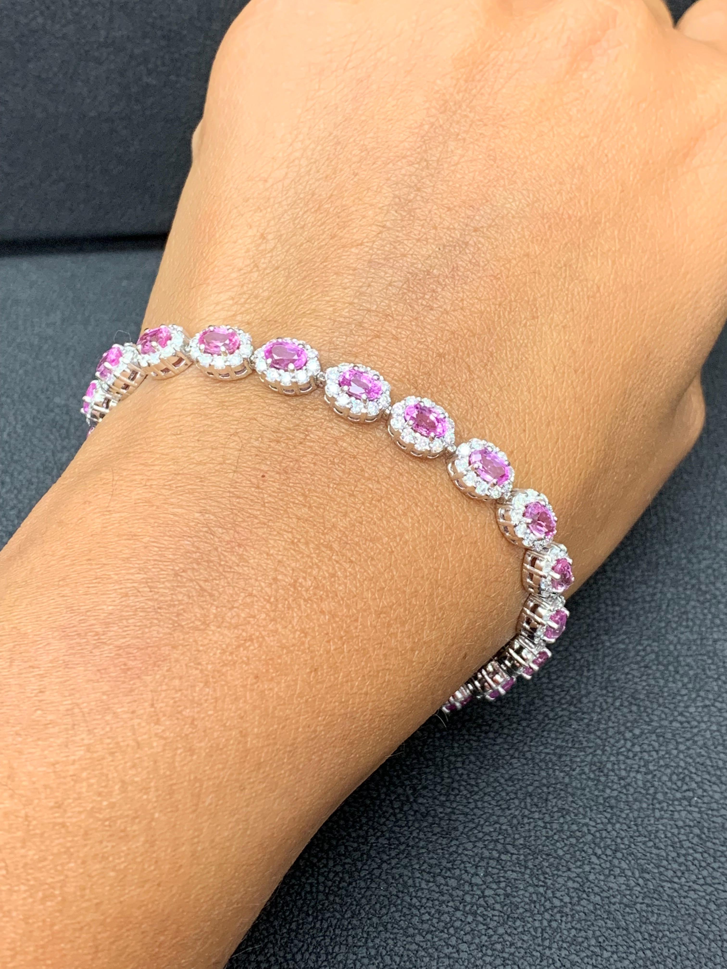 7.21 Carat Oval Cut Pink Sapphire and Diamond Halo Bracelet in 14K White Gold For Sale 1