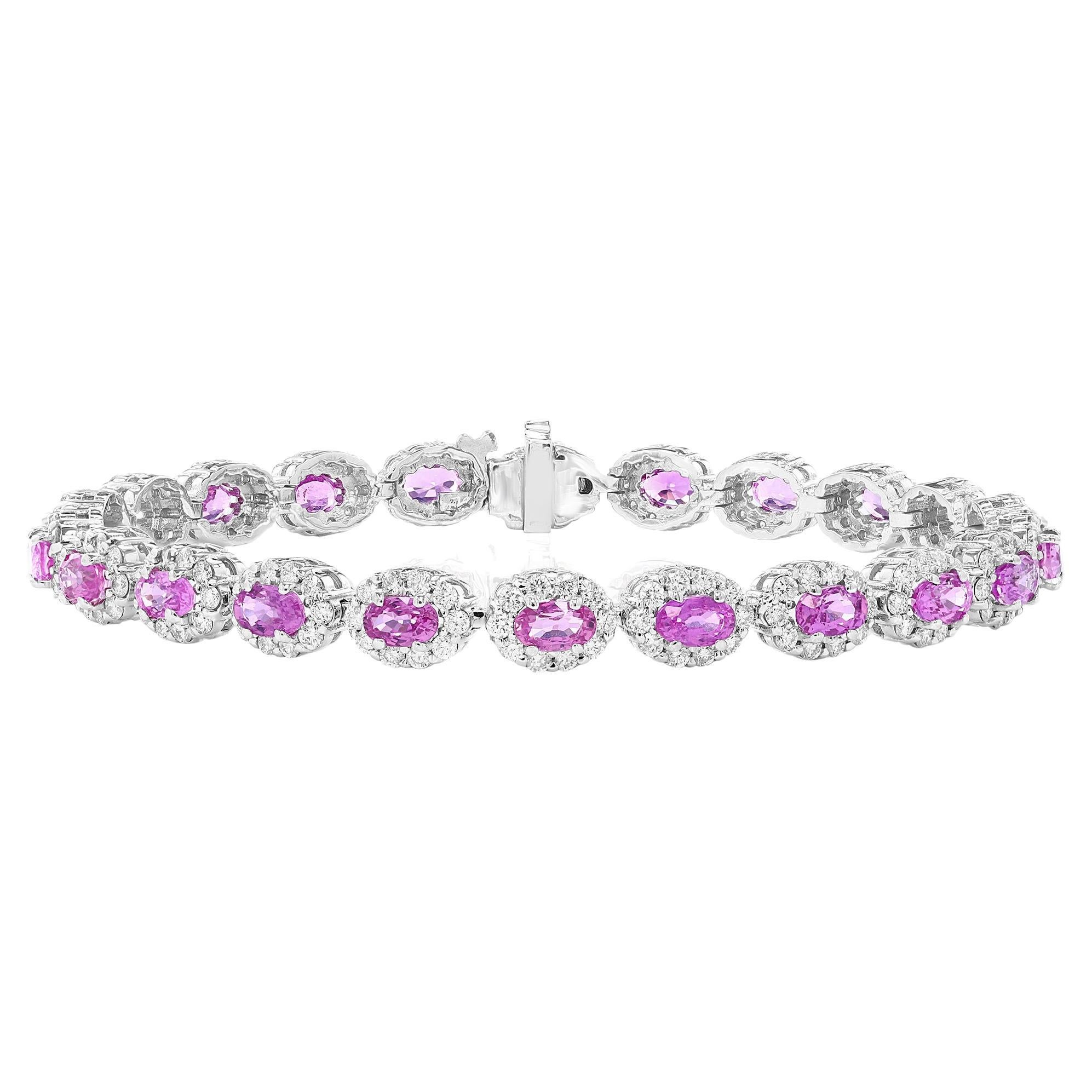 7.21 Carat Oval Cut Pink Sapphire and Diamond Halo Bracelet in 14K White Gold For Sale