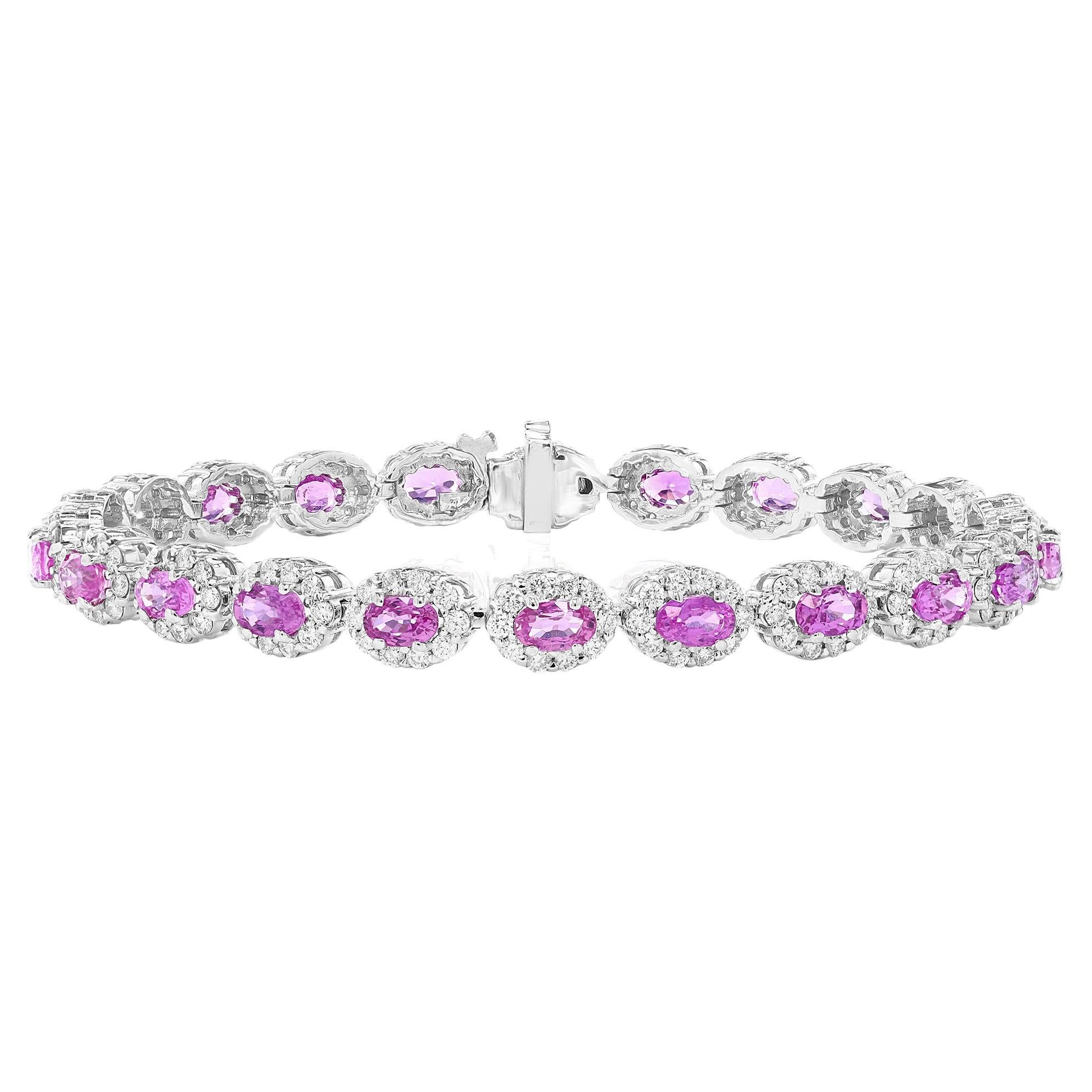 Bracelet en or blanc 14 carats avec saphir rose de taille ovale de 7,21 carats et halo de diamants