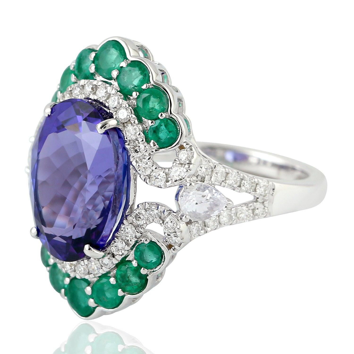 For Sale:  7.21 Carat Tanzanite Emerald Diamond 14 Karat Gold Ring 2